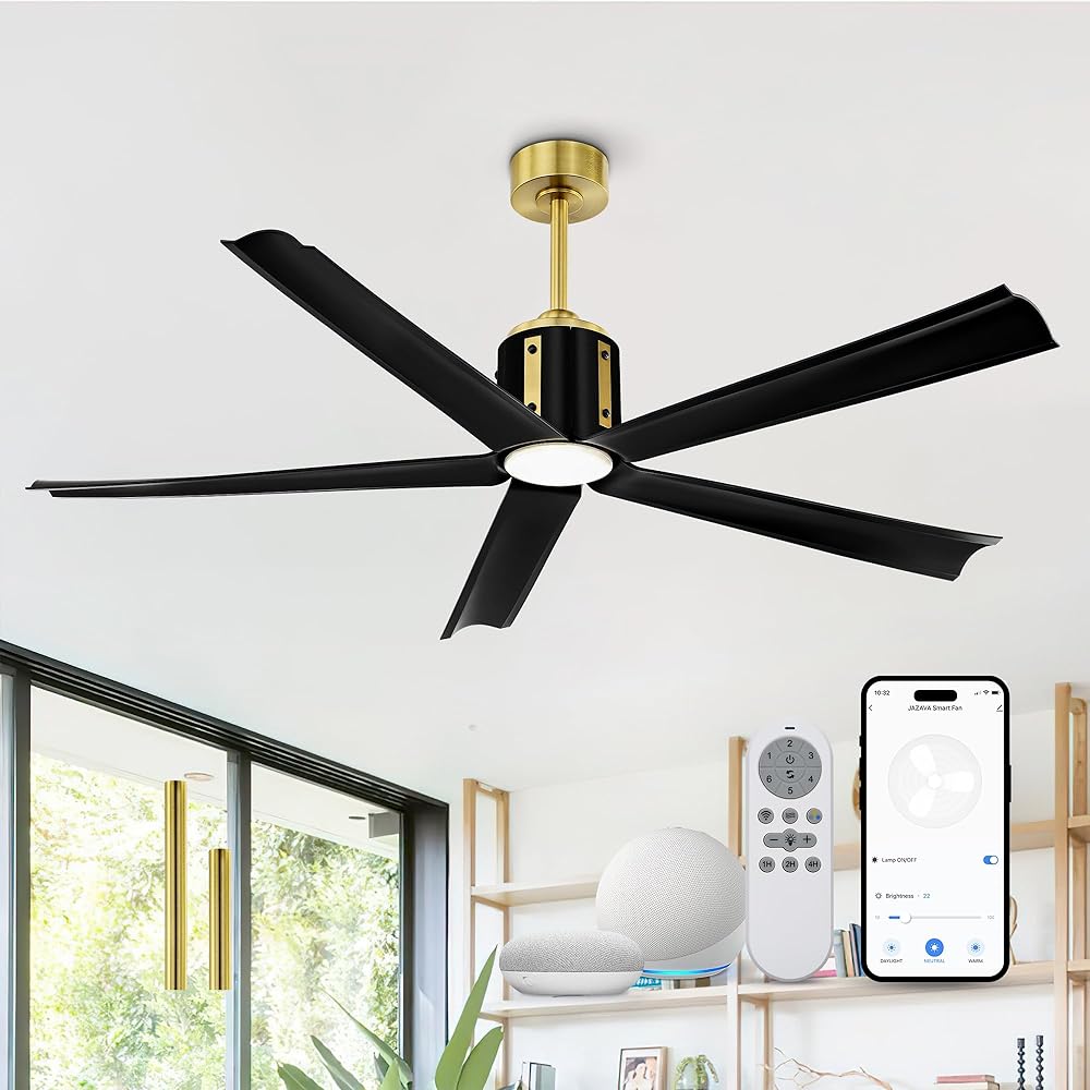 JAZAVA - 60 Inch Ceiling Fans with Lights and Remote, Alexa Google Voice Control, 3 Color Temperatures and quiet - Blcak and gold