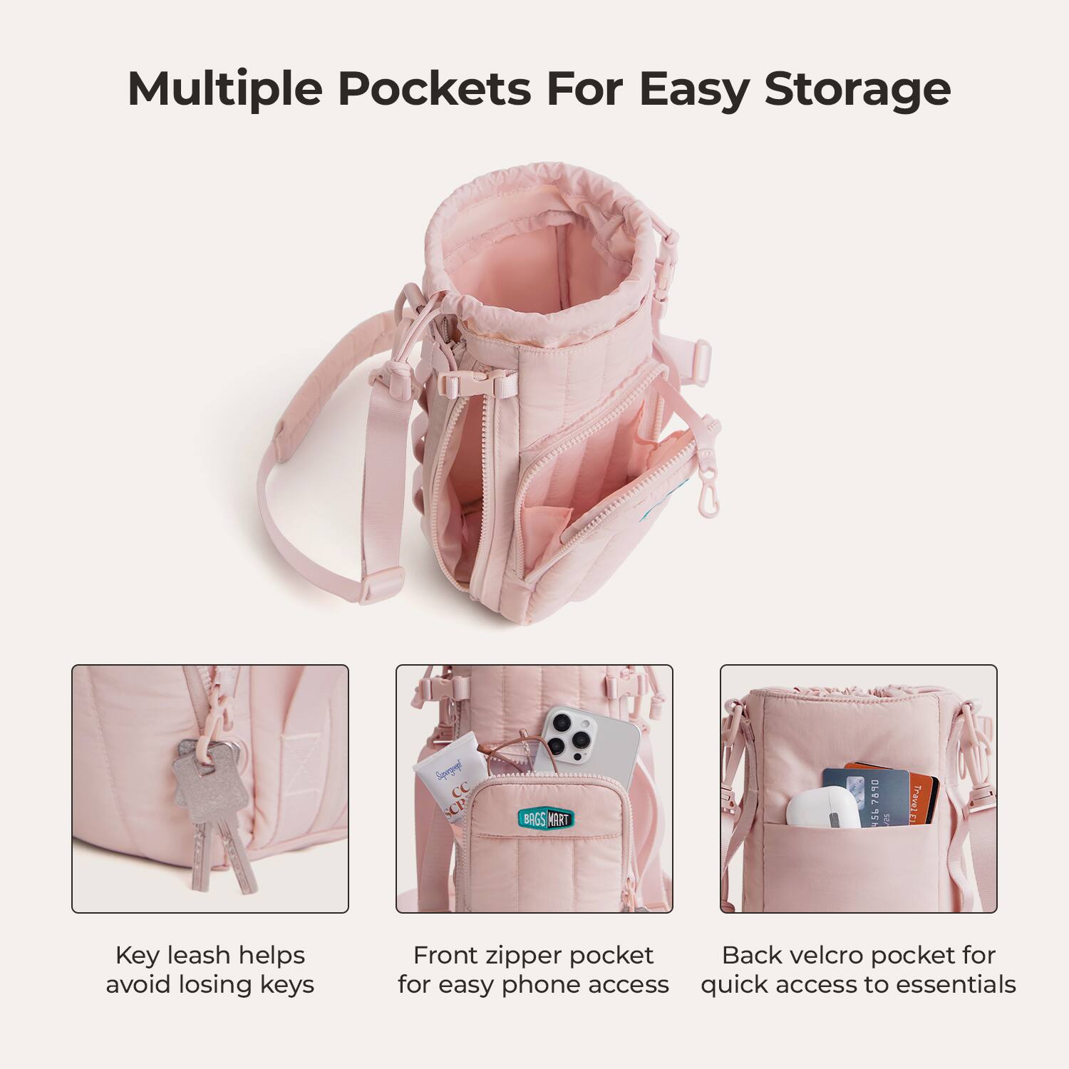 Multiple Pockets For Easy Storage

Suparzangel CC SCR
BAGS MART
7090 
FOR
EL Trave)

Key leash helps avoid losing keys
Front zipper pocket for easy phone access
Back velcro pocket for quick access to essentials