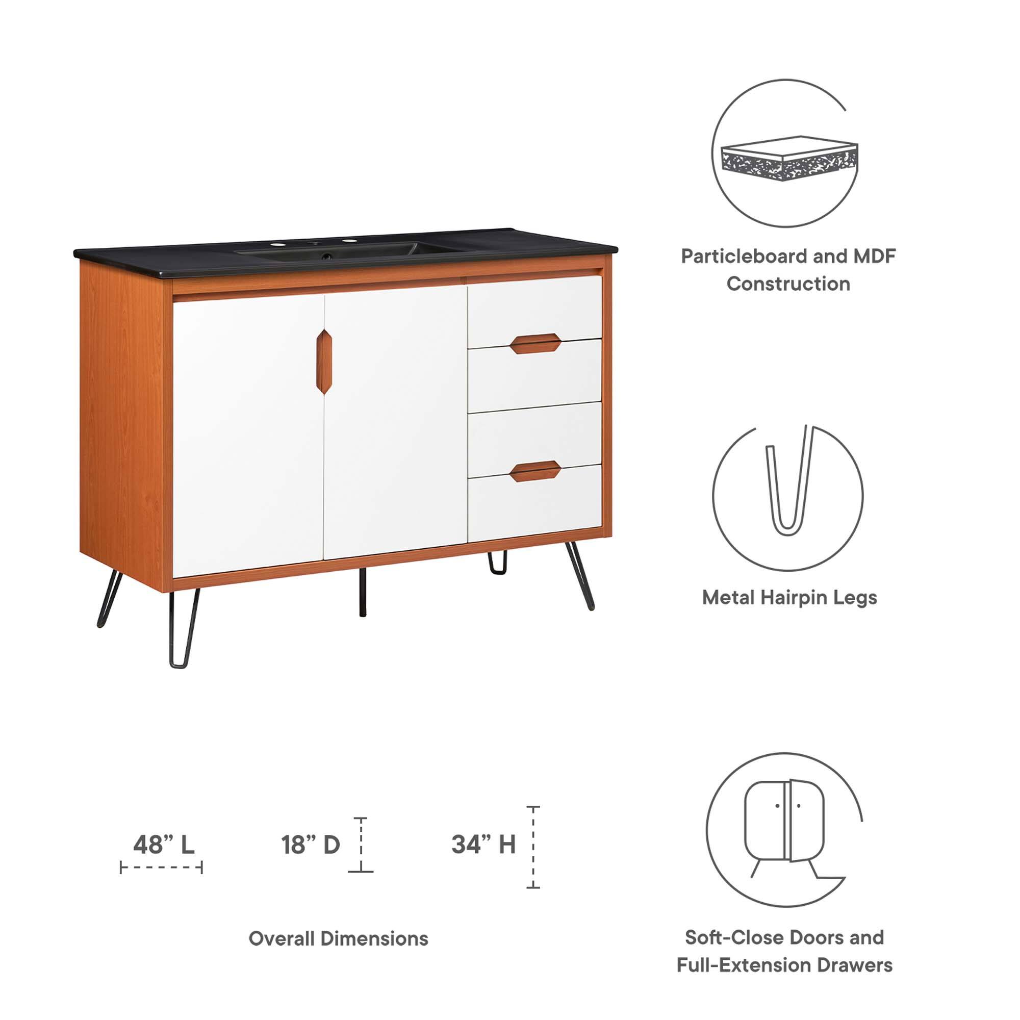 Particleboard and MDF Construction  
Metal Hairpin Legs  
48" L x 18" D x 34" H Overall Dimensions  
Soft-Close Doors and Full-Extension Drawers