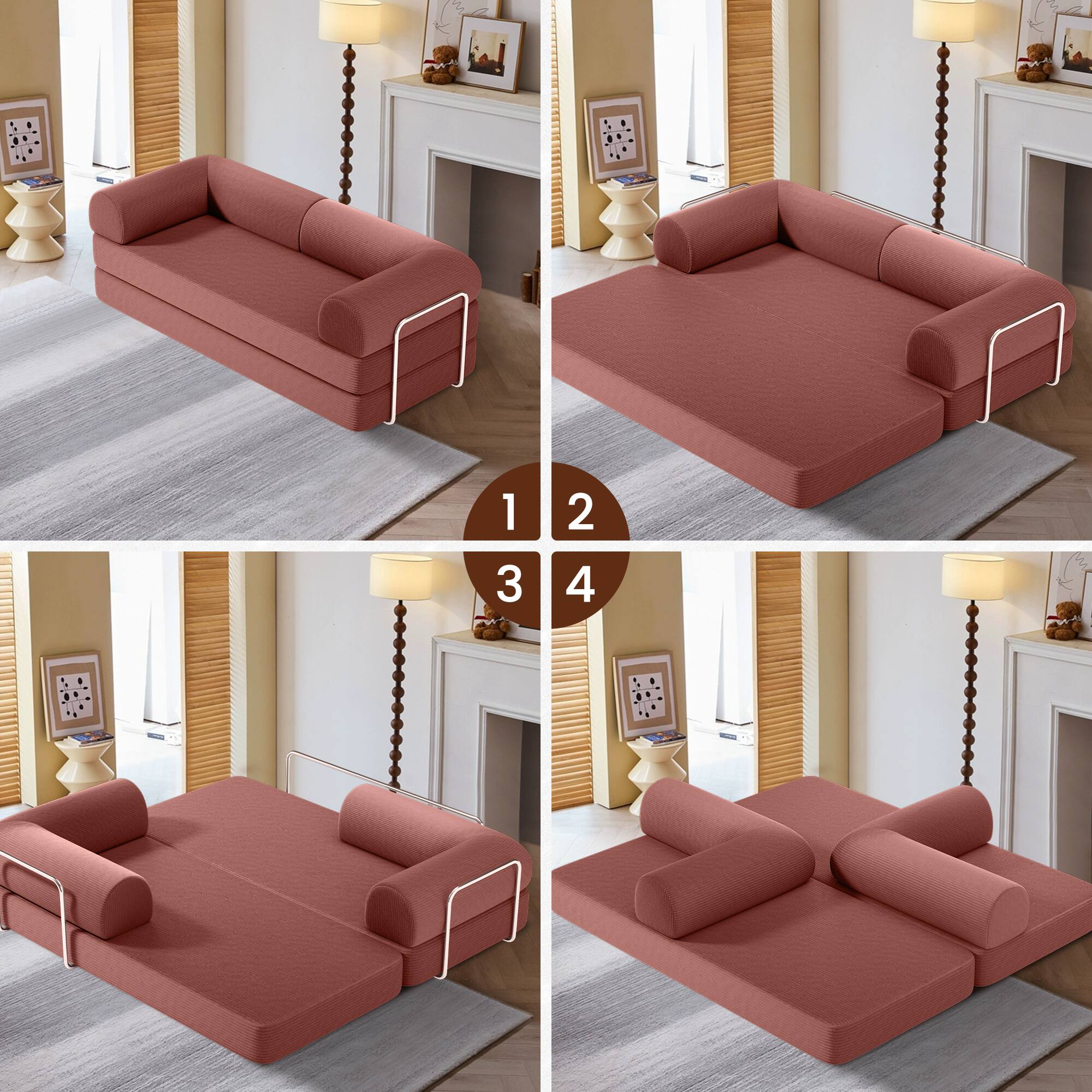 Alt View 6. Brick Attic - 4-in-1 Folding Convertible Floor Sofa Bed, 63 Inch Oversized Modern Fabric Boneless Couch for Living Room Bedroom Lounge - Pink.