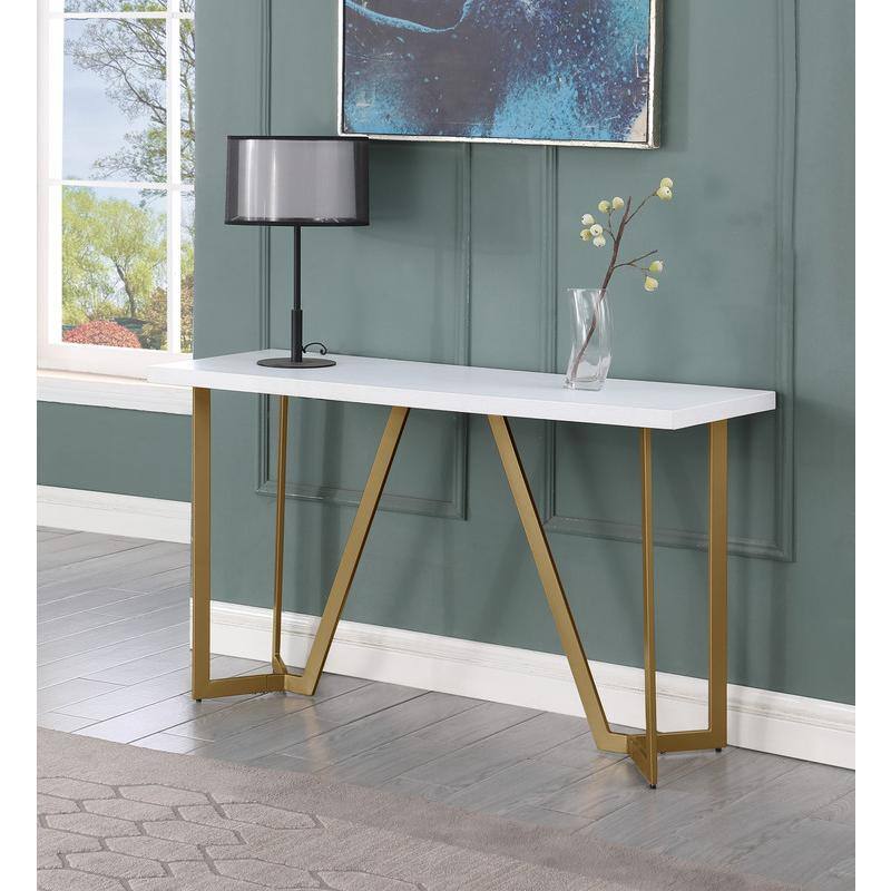 Alt View 1. Best Quality Furniture - White wood top console table w/ gold color iron legs - White.