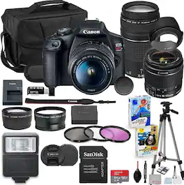 Bundle - Canon - EOS Rebel T7 DSLR with 18-55mm & 75-300mm Lenses, Battery, 64GB Card, Bag, Flash & Accessories - Black