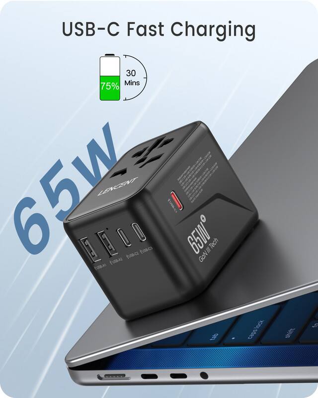 USB-C Fast Charging 30 Mins 75% 65W  
IIIO (USB-A1 LENCENT / USB-A2 JUSE-C2 fuse-c3 TUSB-C1 65W GaN III Tech lock tab caps  
shift  
fn