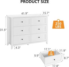 Qeetex - 6 Drawer Dresser for Bedroom, Wooden Chest with Deep Drawers and Metal Knobs for Entryway, Hallway, or Kids Room - White