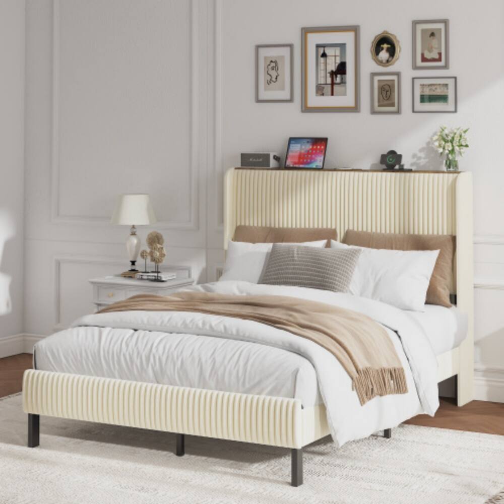 Front. LUCKY ONE - Full Size Platform Bed , Metal Bed Frame with Charging Station - Beige.
