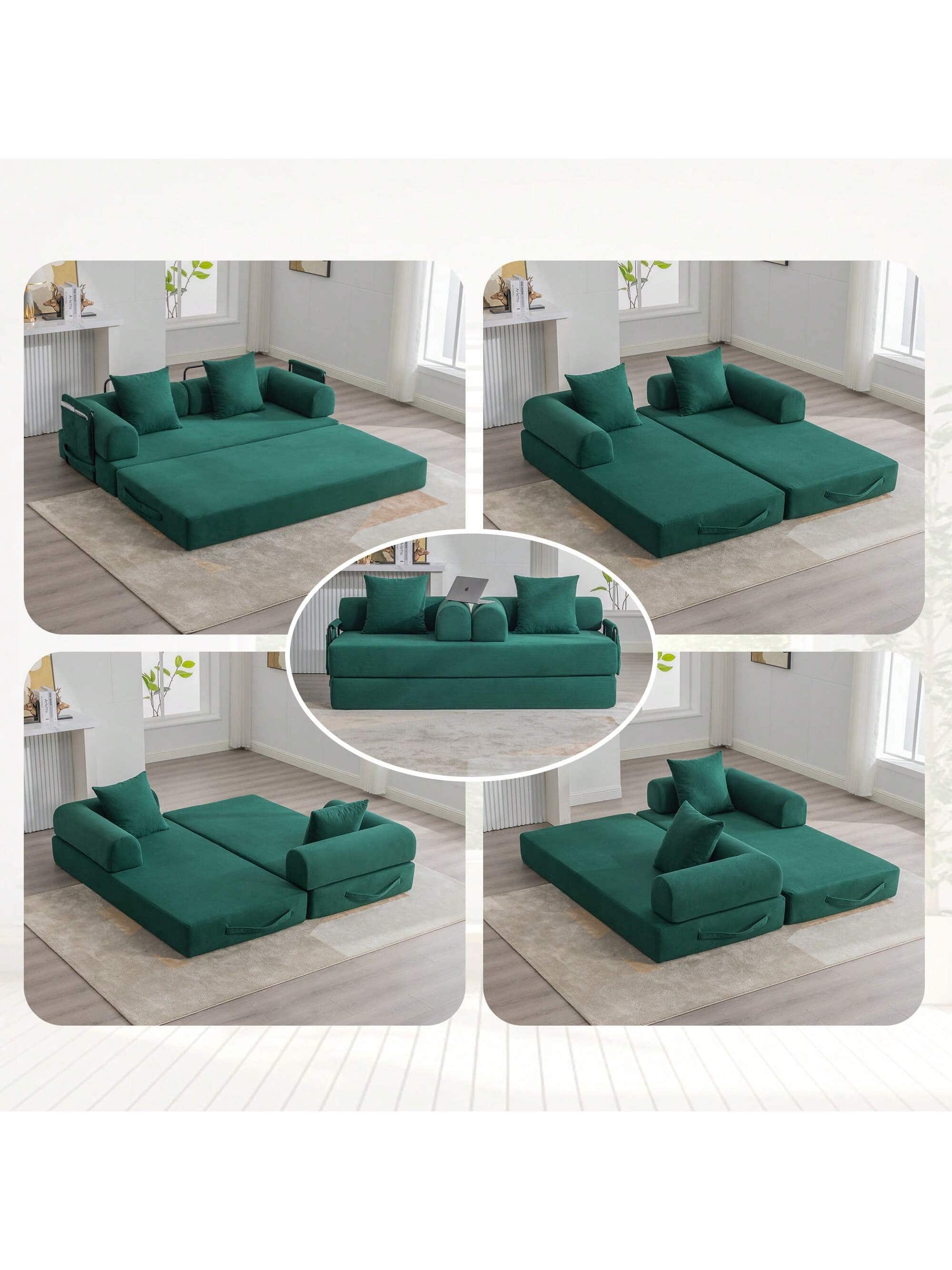 Trinkets Crazed - Convertible Sleeper Sofa Bed With 2 Pillows, 78.5" Corduroy Folding Mattress Couch With Fixed-Shape Frame - Emerald