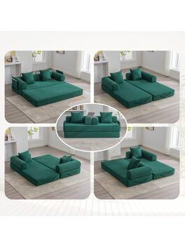 Trinkets Crazed - Convertible Sleeper Sofa Bed With 2 Pillows, 78.5" Corduroy Folding Mattress Couch With Fixed-Shape Frame - Emerald