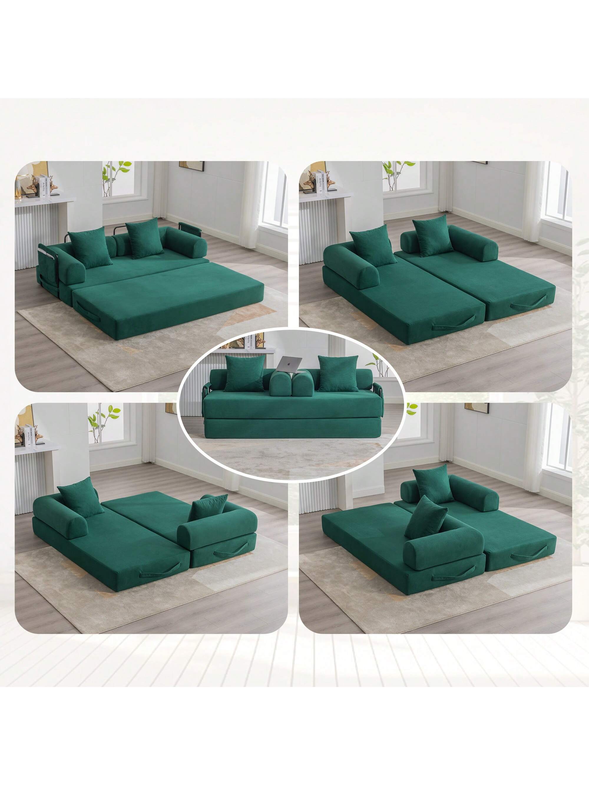 Front. Trinkets Crazed - Convertible Sleeper Sofa Bed With 2 Pillows, 78.5" Corduroy Folding Mattress Couch With Fixed-Shape Frame - Emerald.