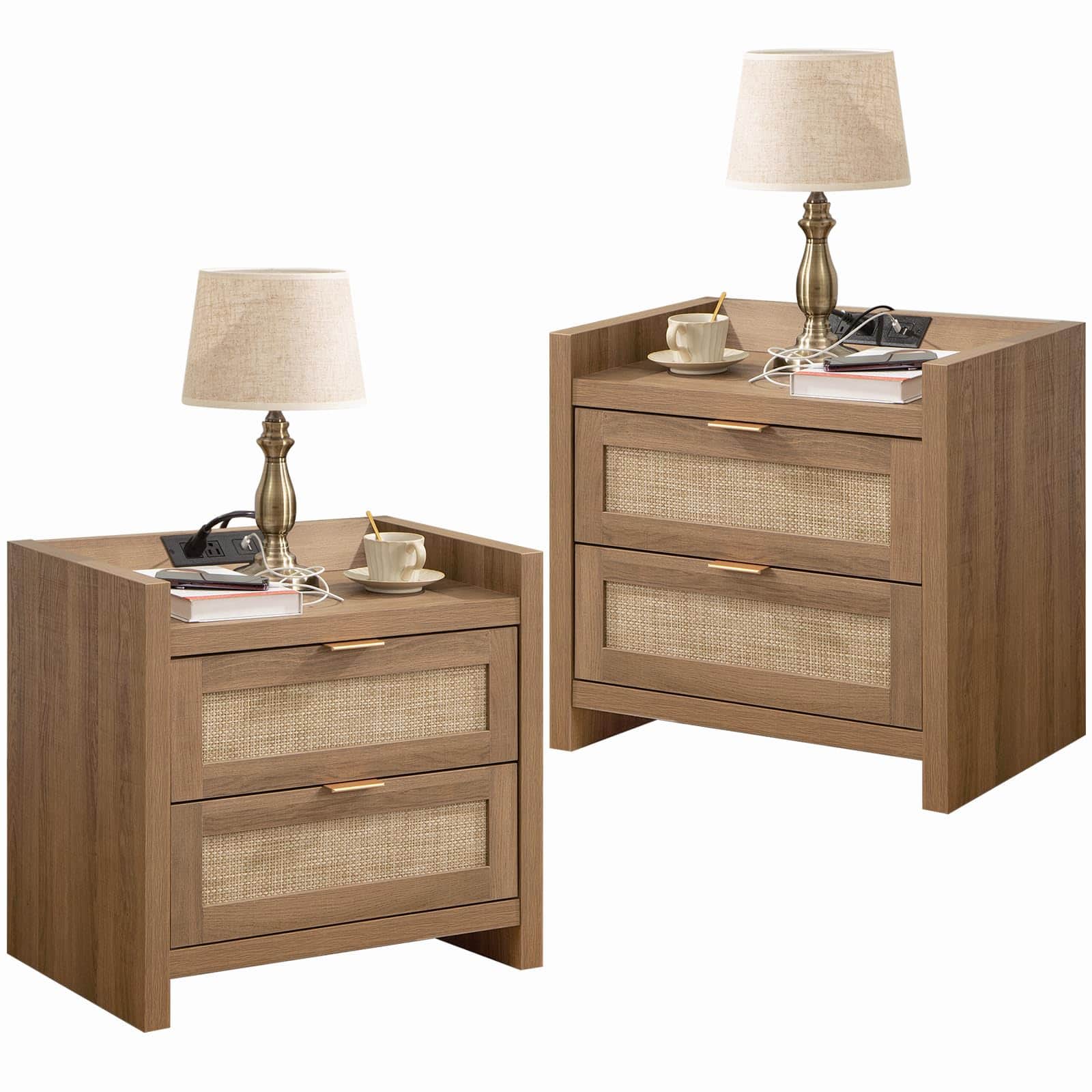 OMOMMD- Rattan Nightstand with Type-C USB Charging Station, 2-Drawer Bedside Table- Oak(2 Drawers) 2 Pieces