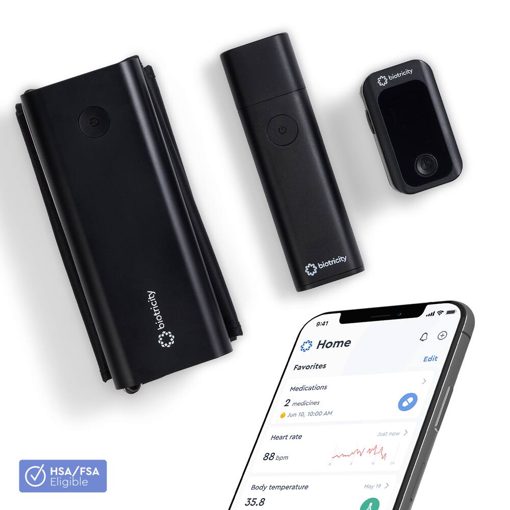 biotricity biotricity 8 biotricity 9:41 Home Favorites + Edit Medications 2 medicines Jun 10, 10:00 AM HSA/FSA Eligible Just now Heart rate 88 bpm Body temperature 35.8°C