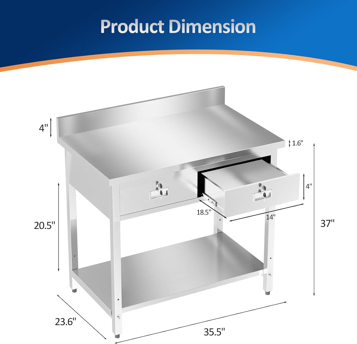 Product Dimension

- Width: 37"
- Depth: 20.5"
- Height: 23.6"
- Sink Width: 18.5"
- Sink Depth: 14"
- Sink Height: 1.6"
- Overall Height: 35.5"