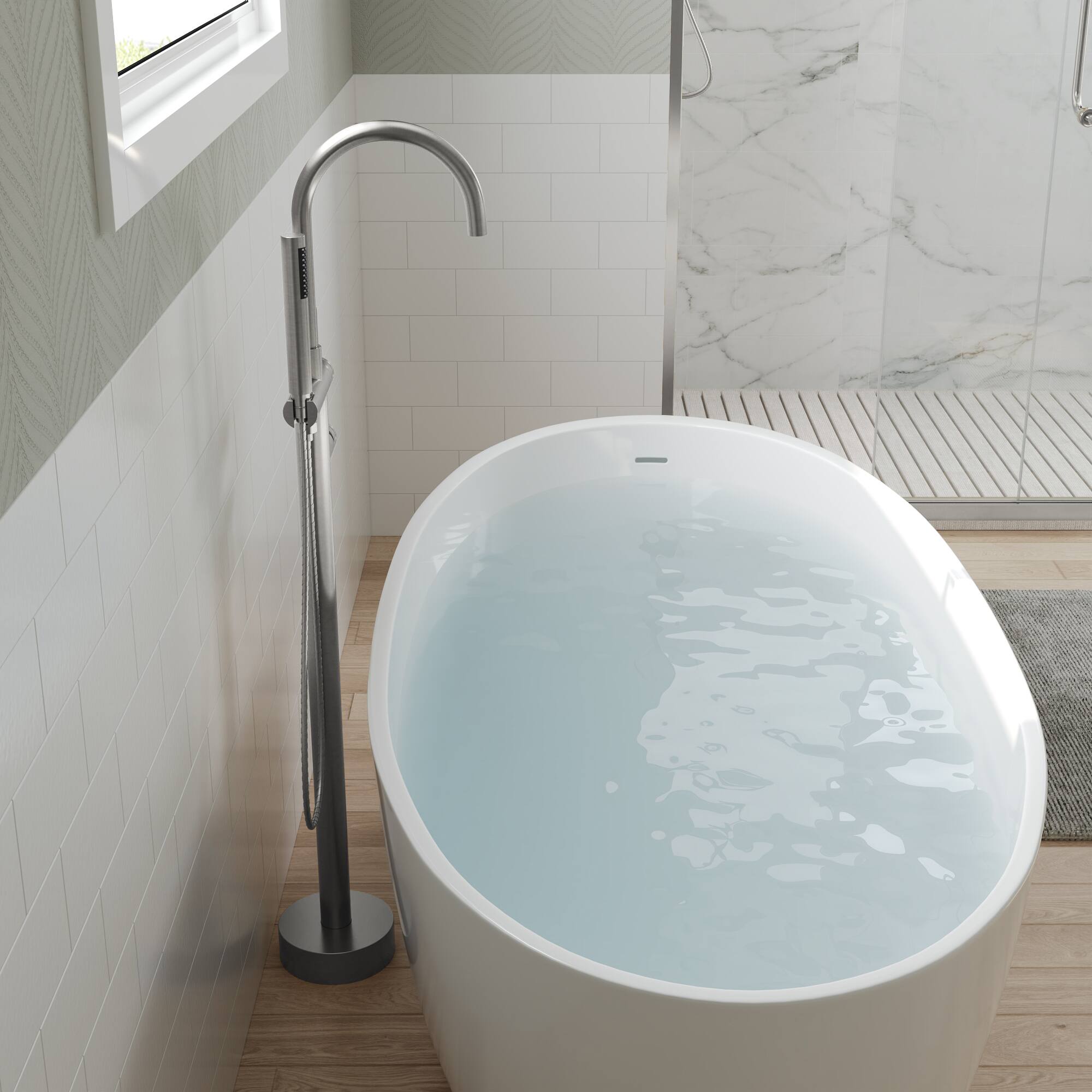 Alt View 10. GRANDJOY - Freestanding Bathtub Faucet with Hand Shower and Floor Mount Installation, Modern Design - Brushed Nickel.