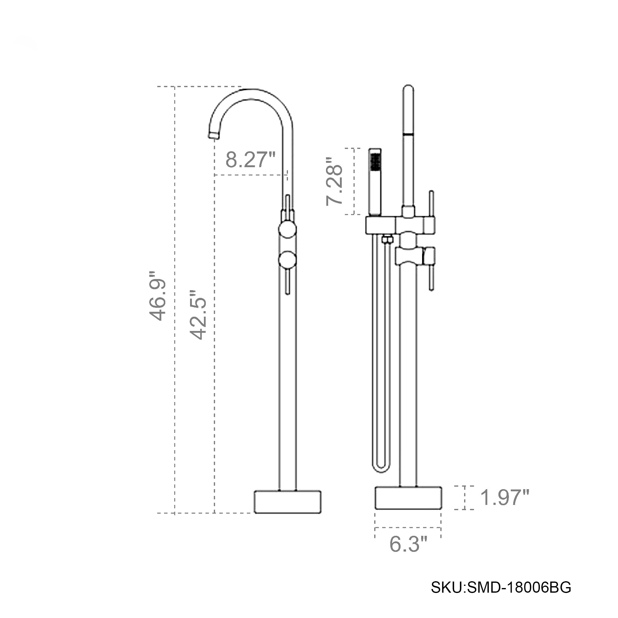 8.27", 7.28", 46.9", 42.5", 1.97", 6.3", SKU:SMD-18006BG