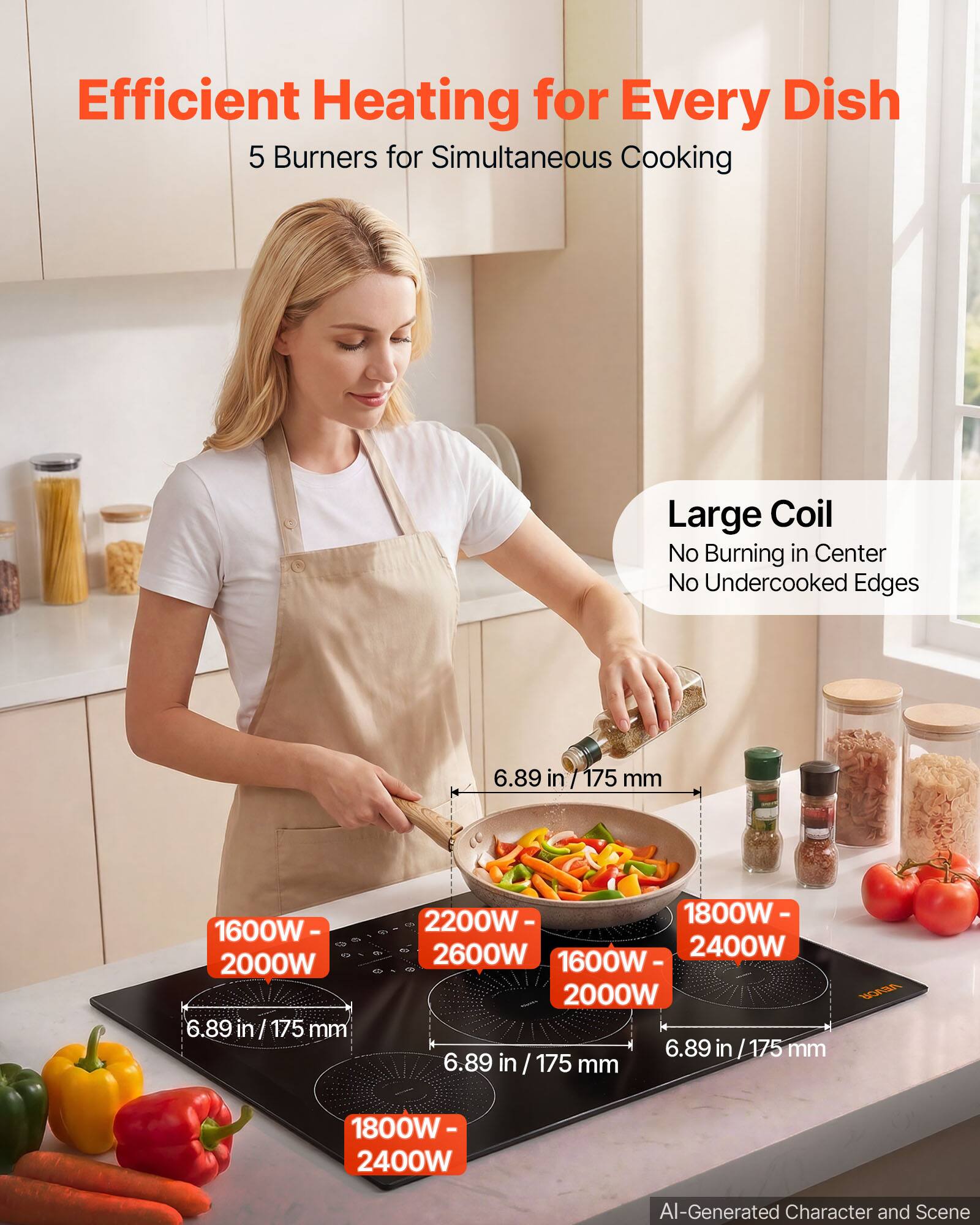 Efficient Heating for Every Dish  
5 Burners for Simultaneous Cooking  

Large Coil  
No Burning in Center  
No Undercooked Edges  

6.89 in / 175 mm  

1600W - 2000W  
2200W - 2600W  
1800W - 2400W  

AI-Generated Character and Scene