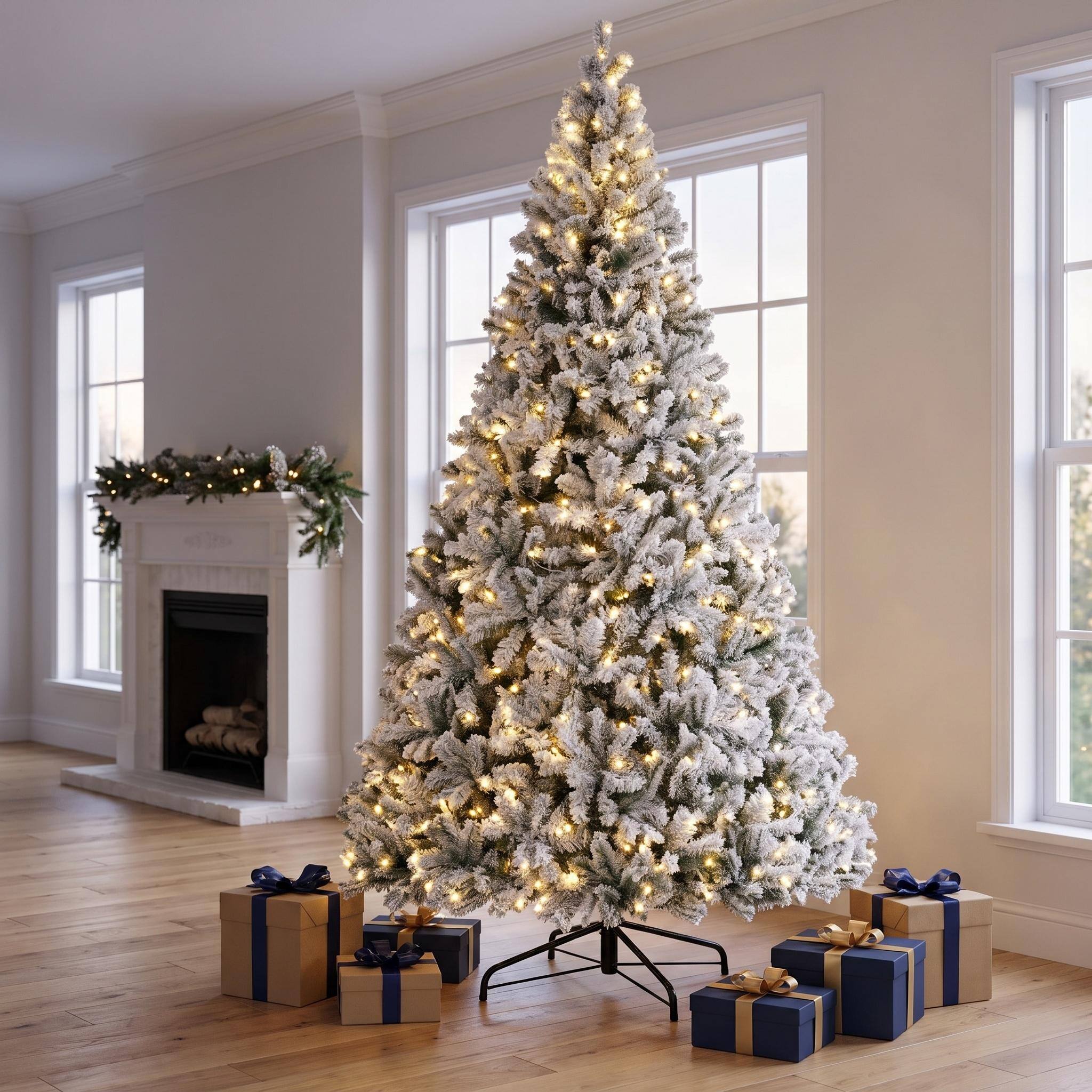 Angle. Forest'nSky - 9 ft Pre-Lit Flocked Fraser Fir Artificial Christmas Tree with Hinged Branches and 600 LED Lights - Green and White.