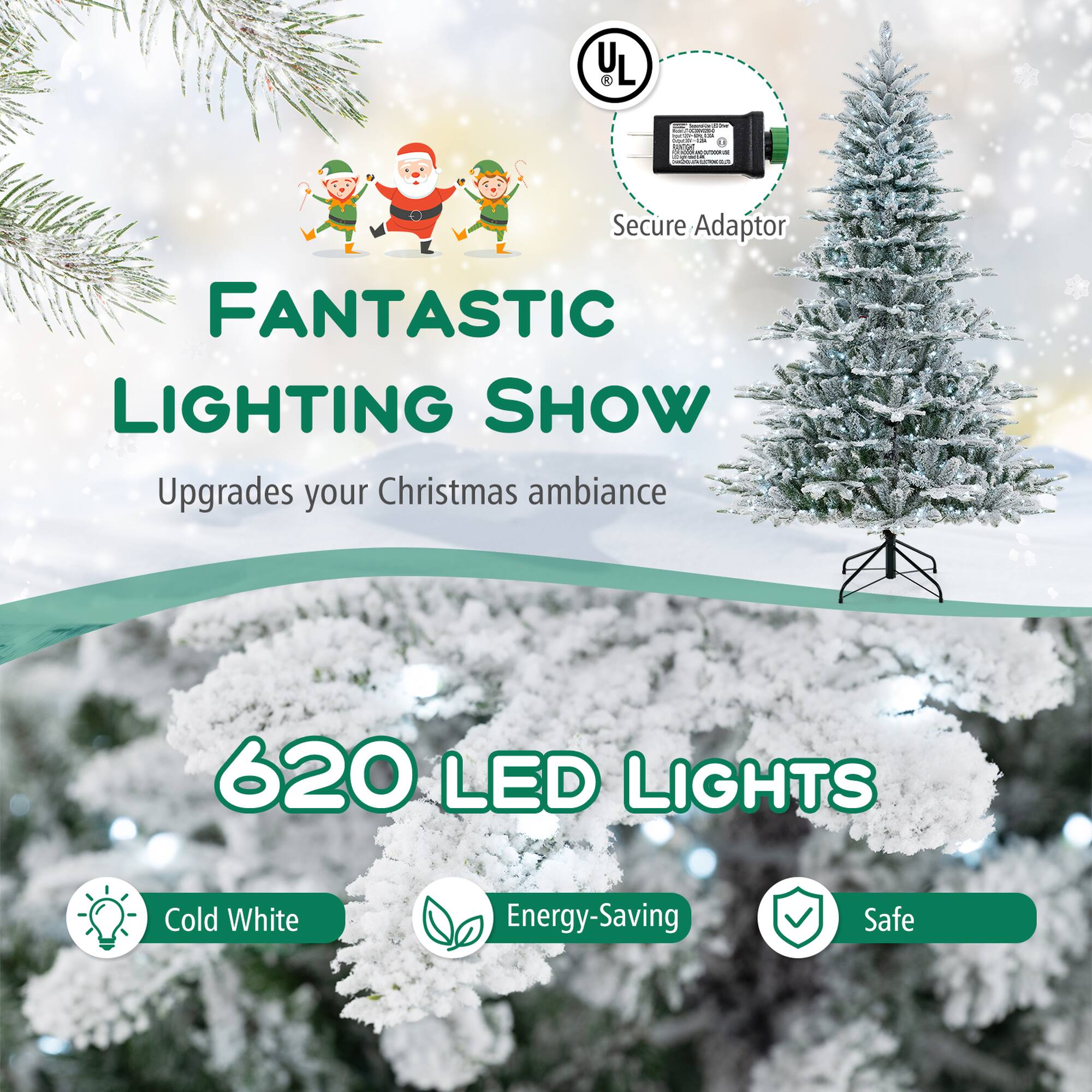 L L I - I  a Secure Adaptor FANTASTIC LIGHTING SHOW Upgrades your Christmas ambiance 620 LED LIGHTS Cold White Energy-Saving Safe