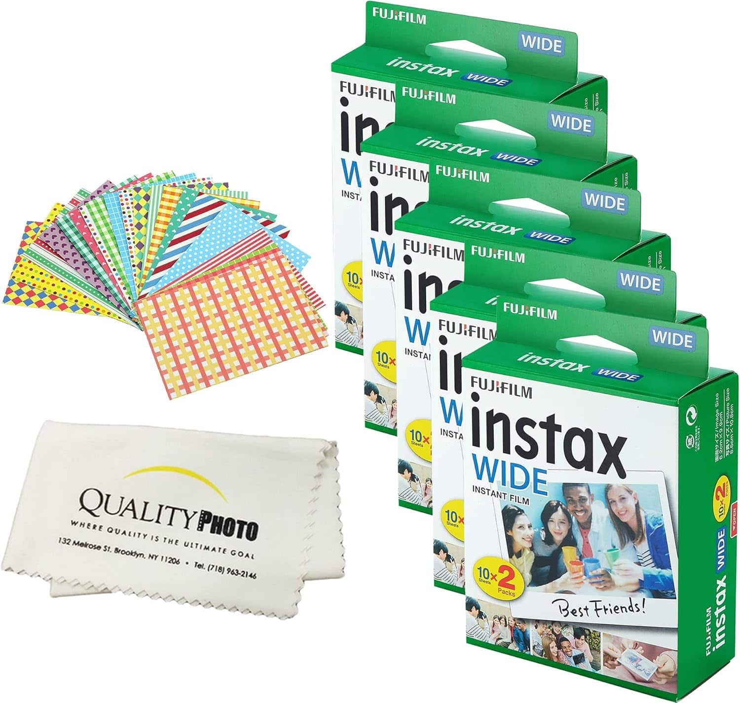 Instax Wide Instant Film 100 SHEETS - For Fujifilm Instax Wide Cameras + Frame Stickers and Microfiber Cloth