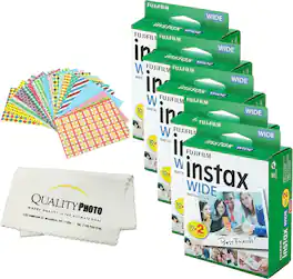 Instax Wide Instant Film 100 SHEETS - For Fujifilm Instax Wide Cameras + Frame Stickers and Microfiber Cloth
