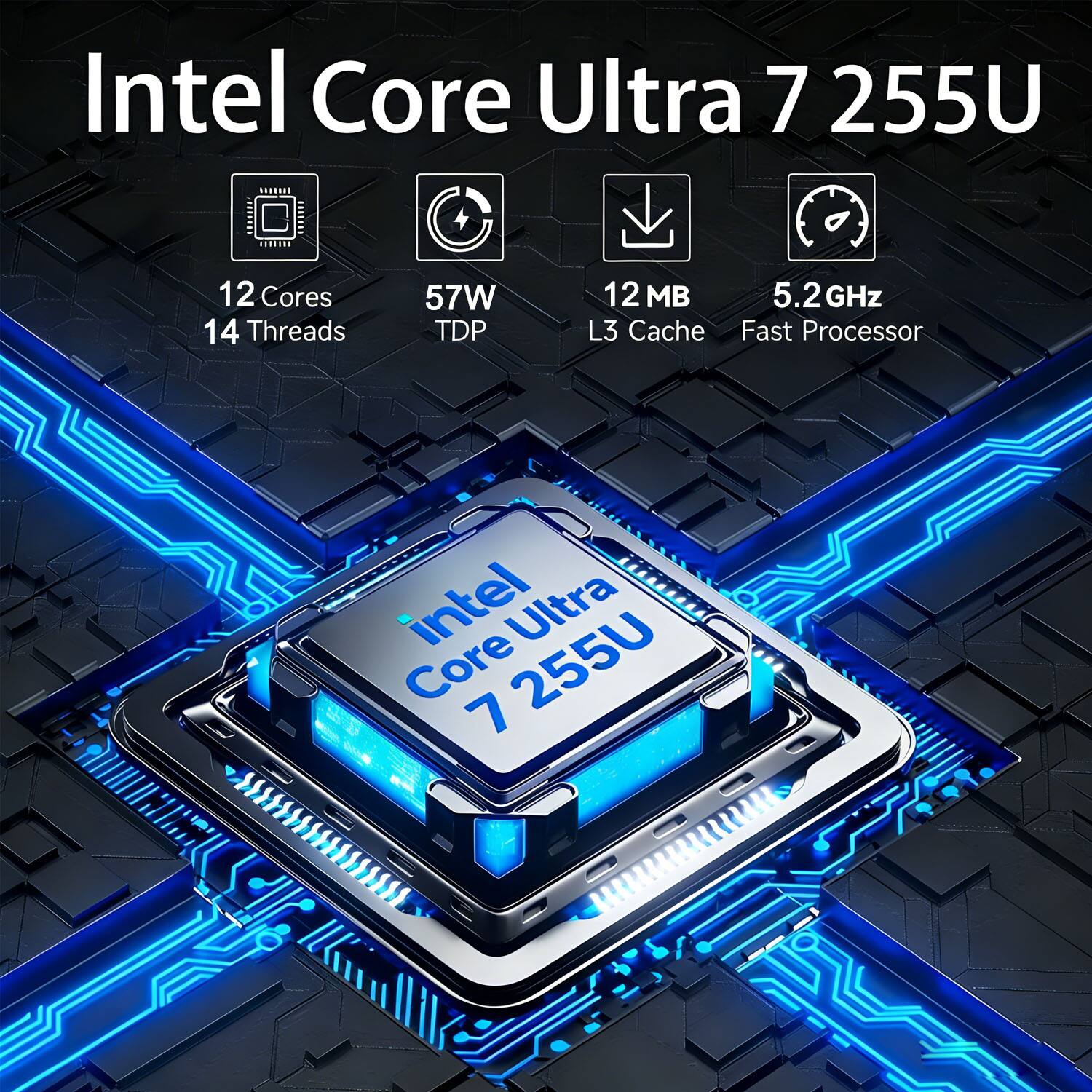 Intel Core Ultra 7 255U  
- 12 Cores  
- 14 Threads  
- 57W TDP  
- 12 MB L3 Cache  
- 5.2 GHz  
- Fast Processor