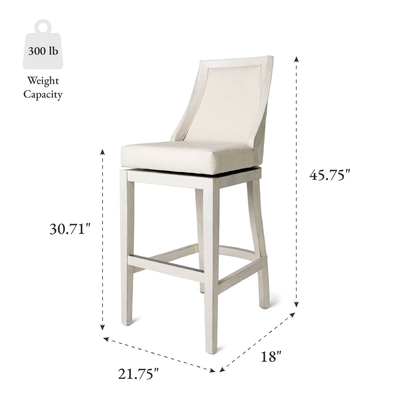 300 lb Weight Capacity, 45.75" H, 30.71" W, 21.75" D, 18" Seat Height