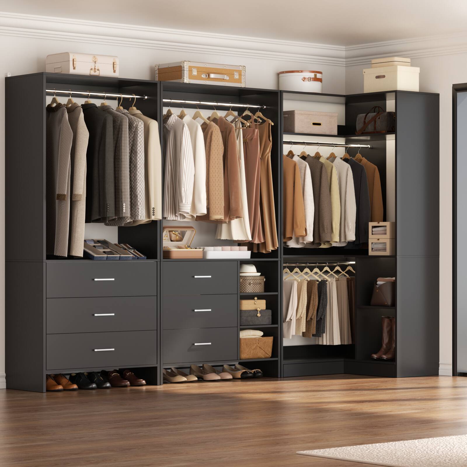 Alt View 5. Aheaplus - L Shaped Closet System with 4 Drawers, 4 Hanging Rods, and Corner Tower, 80.9'' Corner Wardrobe System, Reversible - Black.