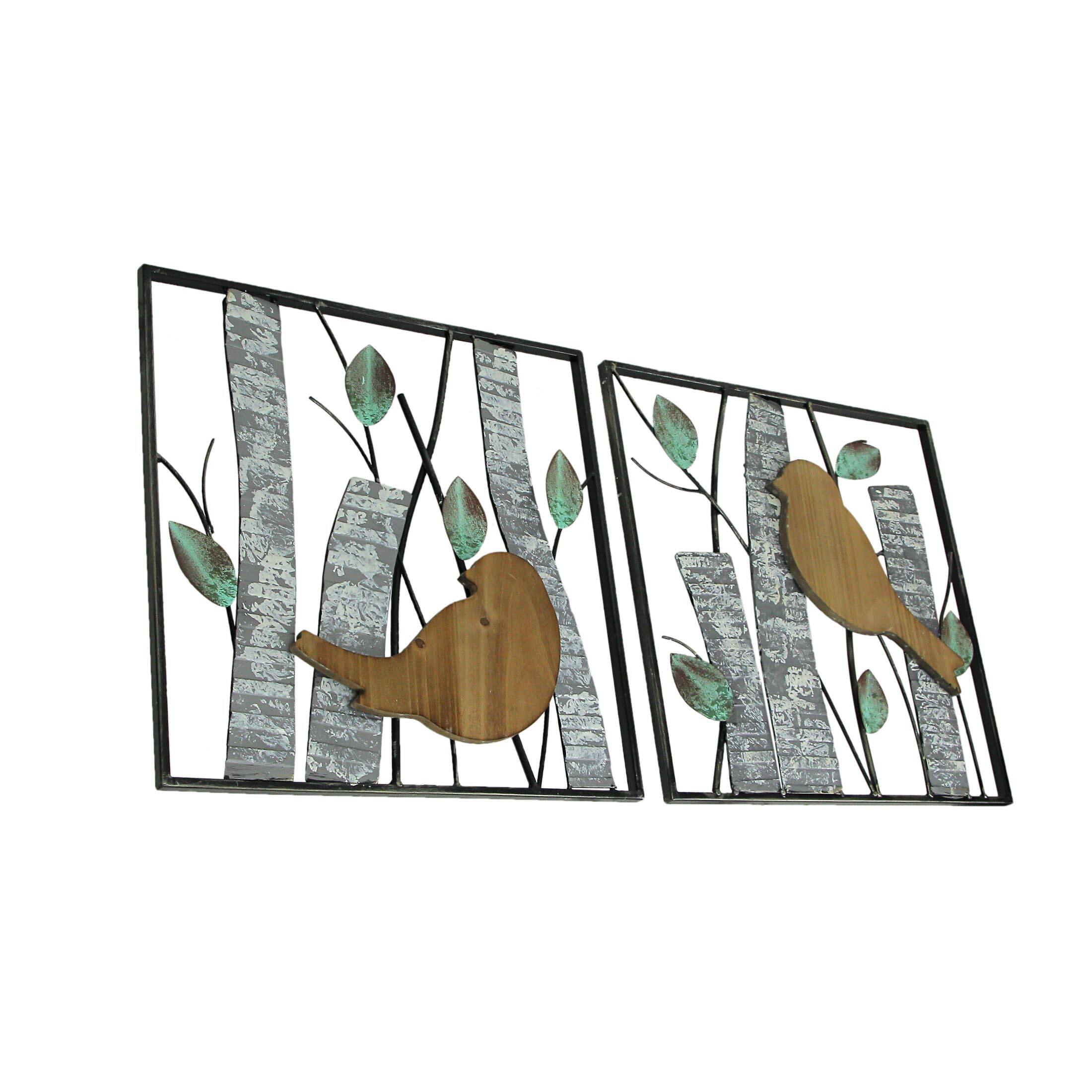Alt View 1. Zeckos - Set / 2 Rustic Green Wood & Metal Leaf Birds & Branches Wall Sculpture Art Decor - Multicolored.