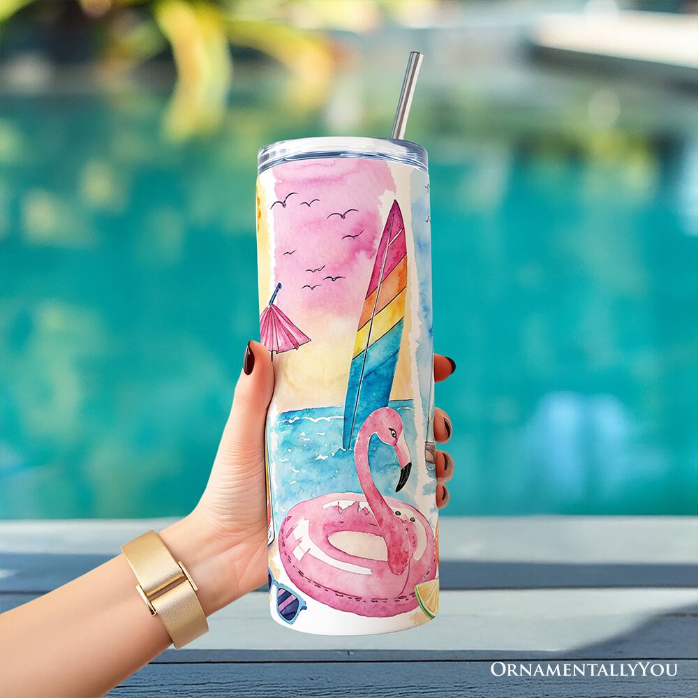 Left. OrnamentallyYou - Summer Vibes 20oz Tumbler With Stainless Steel Straw, Brushstrokes Vacation Beach Gift Cup - Multicolored.