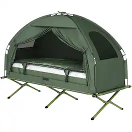 Outsunny - Multifunctional Folding Camping Cots for Adults, Elevated Tent with Sleeping Bag, Thick Air Mattress Pad - Green