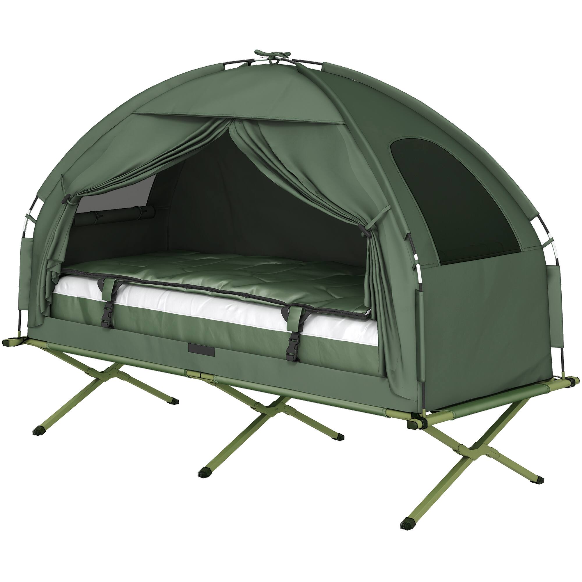 Front. Outsunny - Multifunctional Folding Camping Cots for Adults, Elevated Tent with Sleeping Bag, Thick Air Mattress Pad - Green.