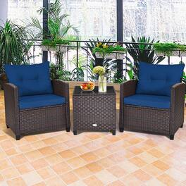 Gymax - 3PCS Outdoor Patio Rattan Conversation Set Garden Yard w/ Navy Cushions - Mix Brown