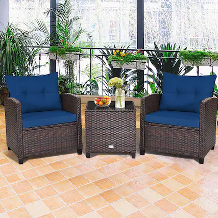 Front. Gymax - Gymax 3PCS Outdoor Patio Rattan Conversation Set Garden Yard w/ Navy Cushions - Mix Brown.