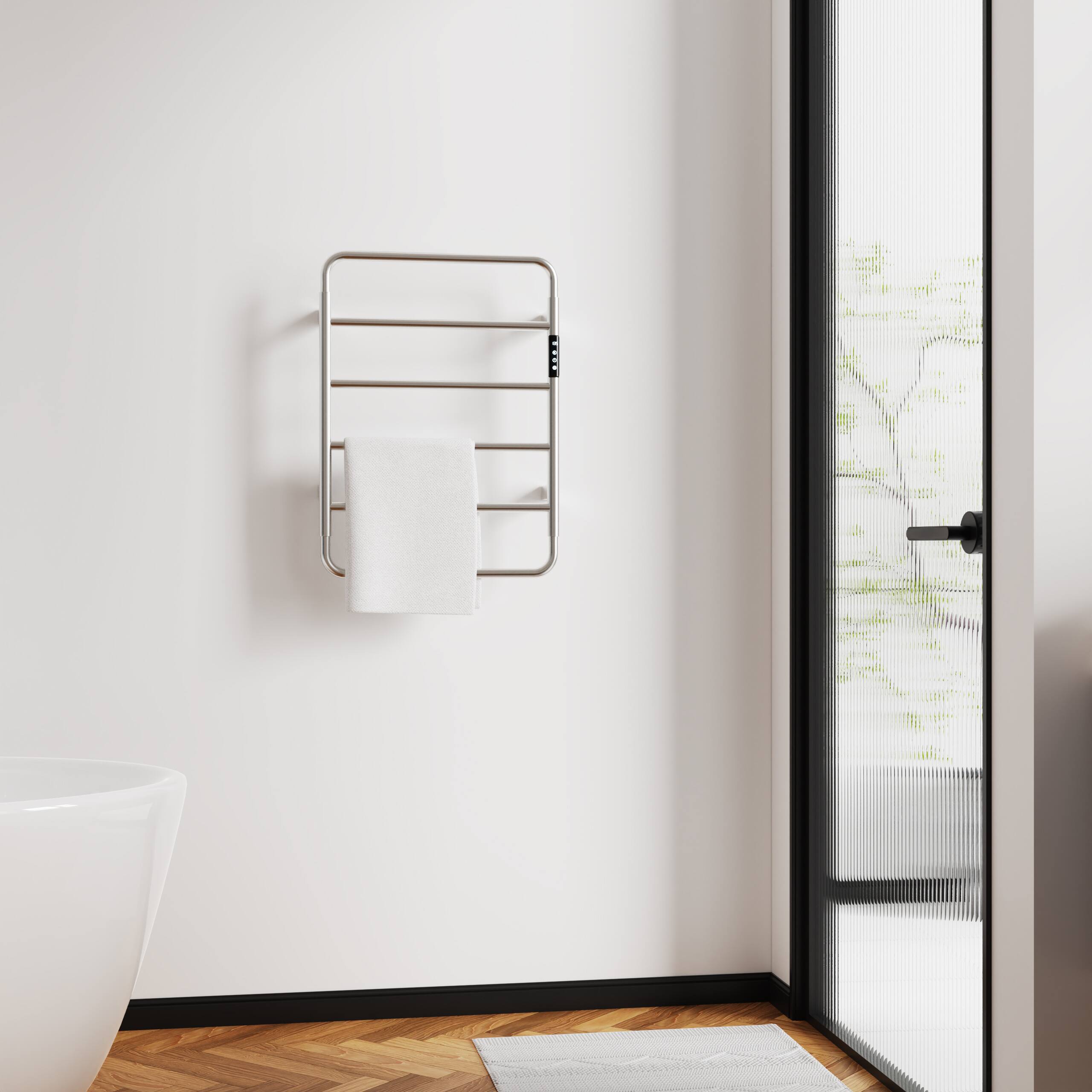 Back. COWLOWN - 18.7in Heated Towel Rack for Bathroom Wall Mounted 6-Bar Warmer w Touch Timer 304 Stainless Steel Plug-in Hard-Wired - Stainless Steel Finish (Silver).