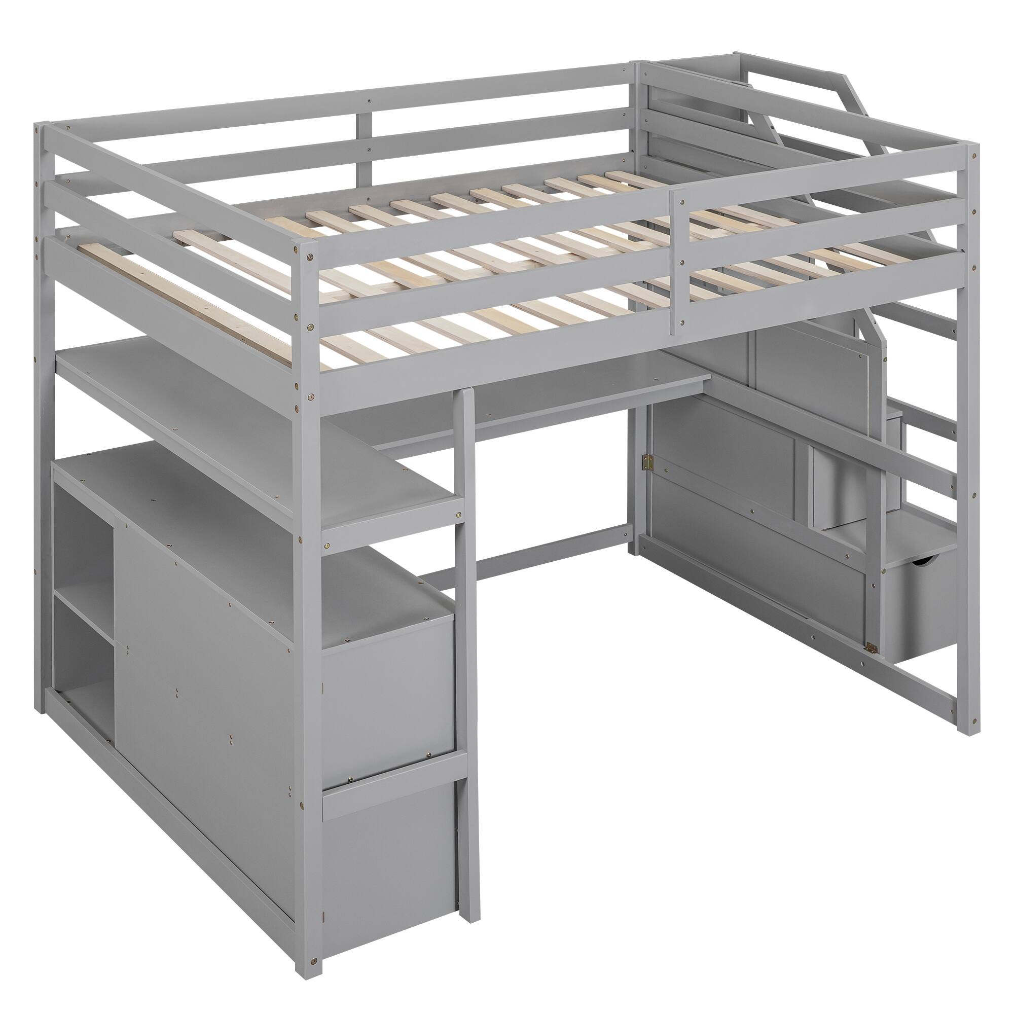 Alt View 4. Tiramisubest - Full Size Gray Loft Bed with Desk, Shelves, 2 Drawers & Storage Staircase, Pine - Gray.