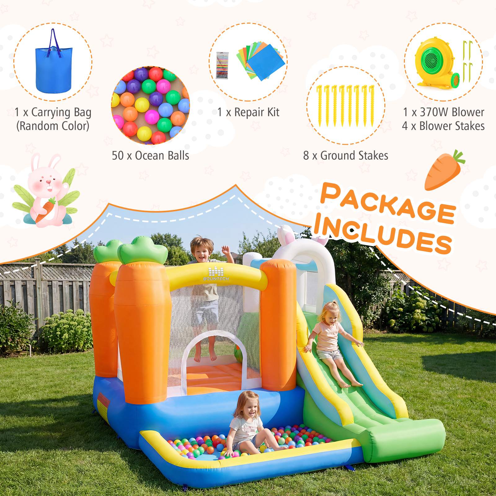 1 X Carrying Bag (Random Color)  
1 X Repair Kit  
1 X 370W Blower  
4 X Blower Stakes  
50 X Ocean Balls  
8 X Ground Stakes  

PACKAGE INCLUDES