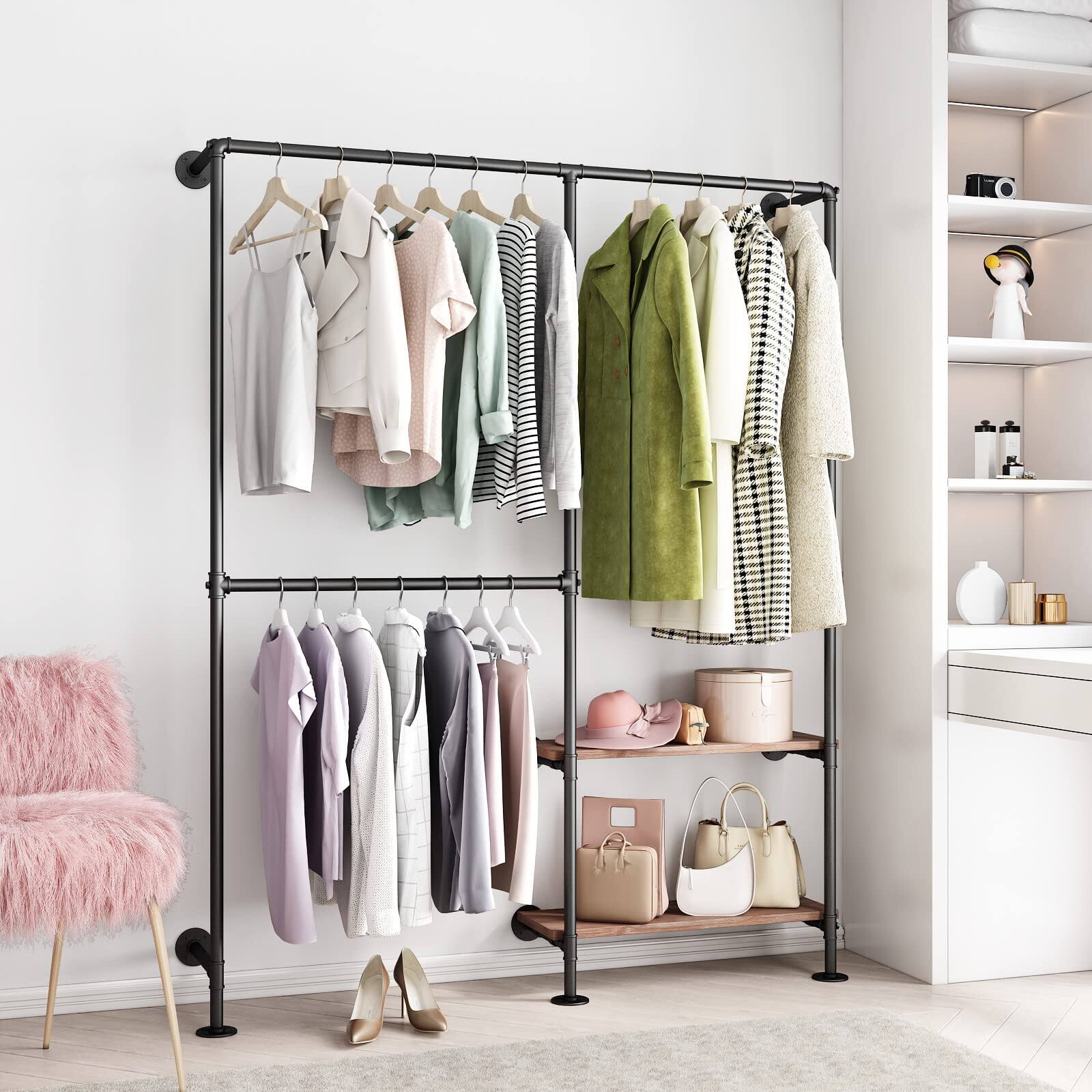 Alt View 1. Hirose Alice - Industrial Pipe Clothes Racks with Shelves  Industrial Pipe Clothing Rack with Double Hanging Rods  Heavy - Gold 63Inch.