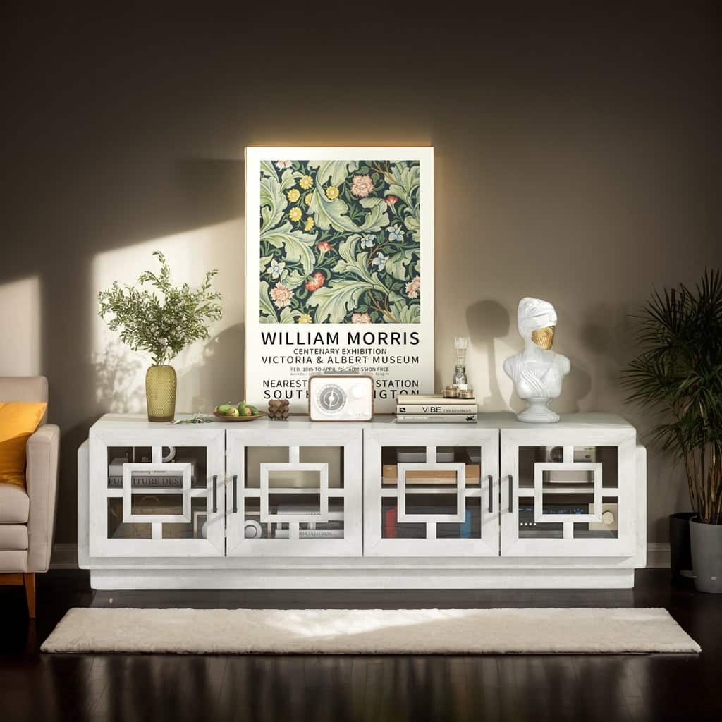 Kadyn - Modern 75 In with Display Shelves TV Stand - Oak for Living Room with Cable Management for Living Room - White