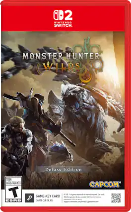 02 NINTENDO SWITCH
MONSTER HUNTER WILDS
Deluxe Edition
TEEN ADOLESCENTS T ESRB
CAPCOM 40 GB - Full game download via internet required. See back.
GAME-KEY CARD
Téléchargement du jeu complet (40 Go) via Internet nécessaire. Voir OU verso.
CARTE CLÉ DE JEU
support.nintendo.com/switch2/gamekeycard - T (Teen 13+)