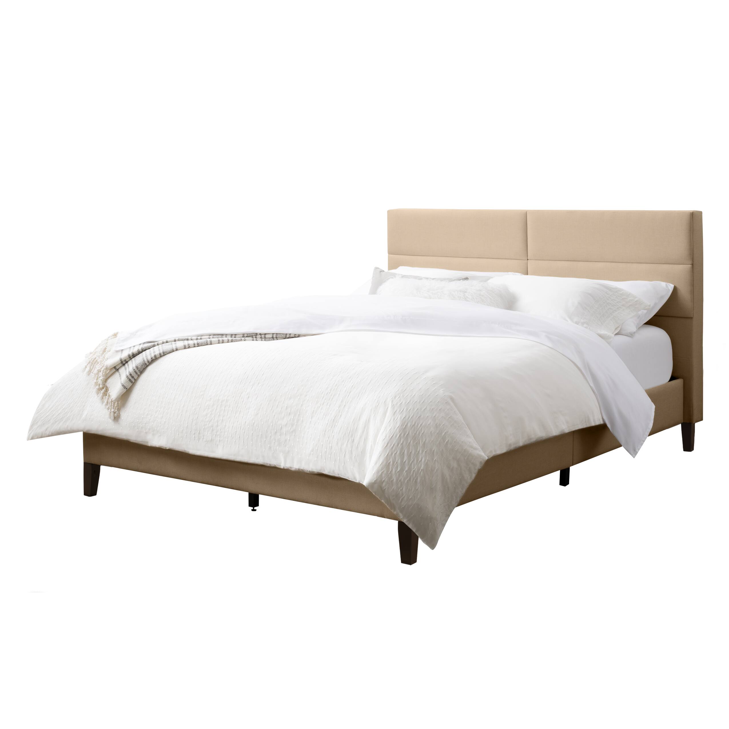 Angle. CorLiving - CorLiving Emerson Cream Upholstered Queen Platform Bed Frame with Rectangle Tufted Headboard and Slats - Cream.