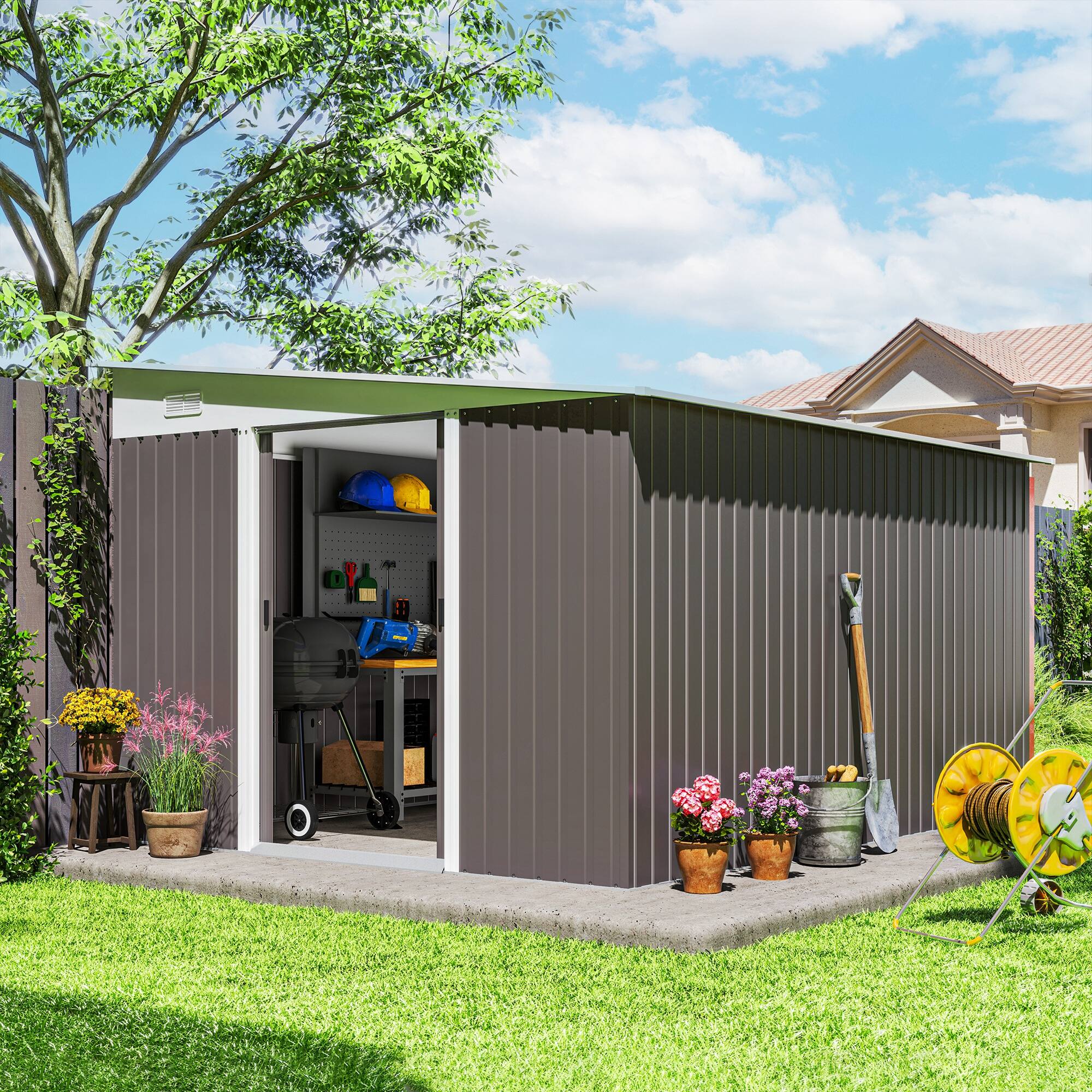 Alt View 1. Outsunny - 11' x 9' Outdoor Storage Shed, Metal Garden Tool House with Sloping Roof and Lockable Door for Backyard, Bike, Patio.