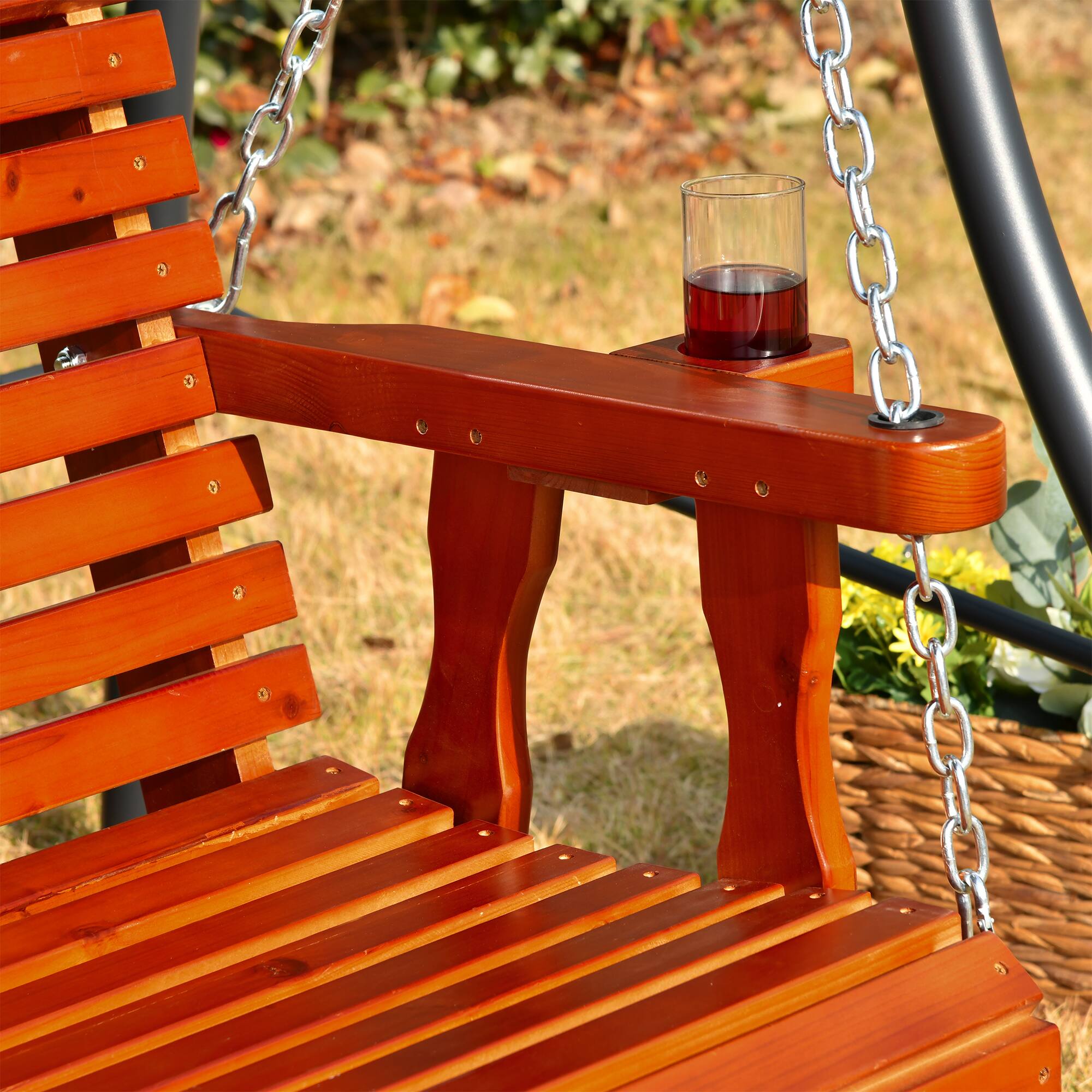 Alt View 8. Outsunny - Porch Swing with Chains and Cupholders, 2 Person Wooden Patio Swing Chair, 440 lbs. Weight Capacity - Brown.