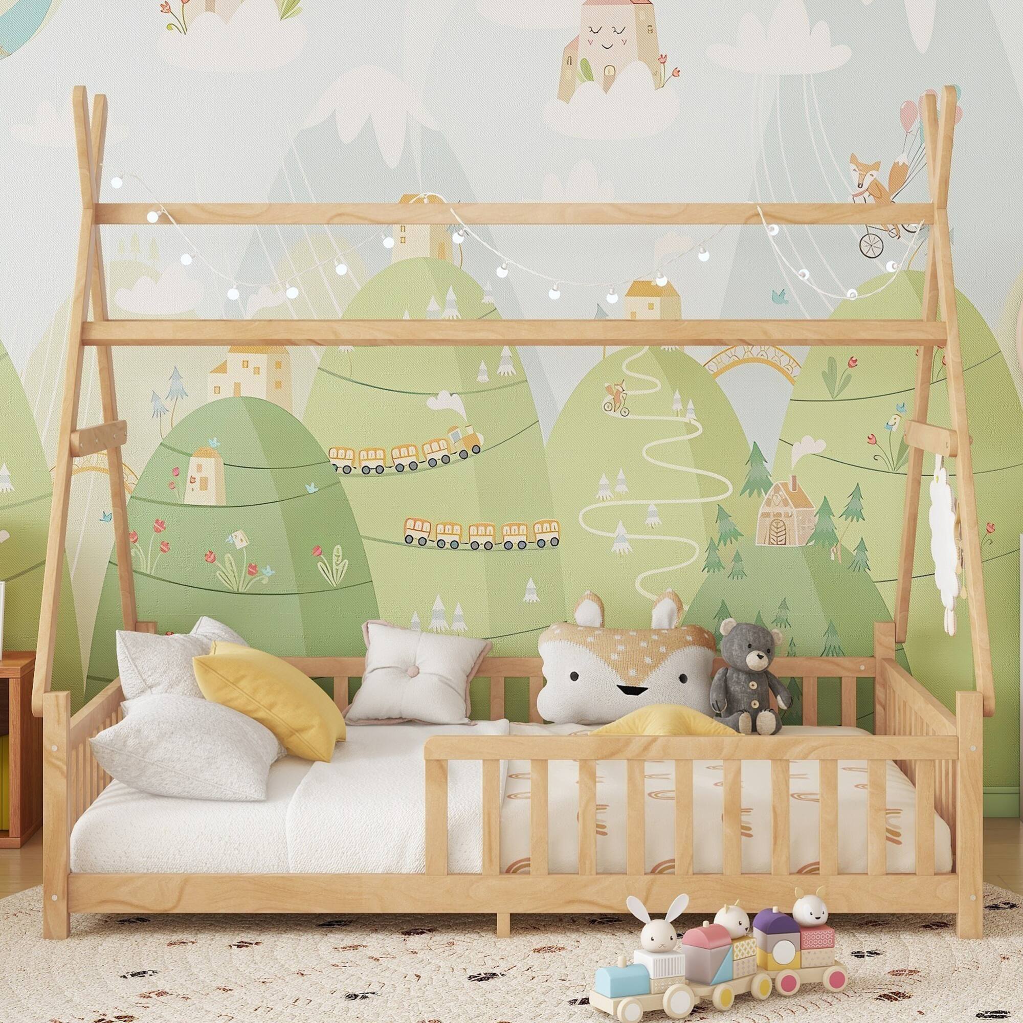 Left. GOODSILO - Full Size Low Profile House Frame Bed with Detachable Roof and LED Light Kit for Children's Bedroom - Natural.