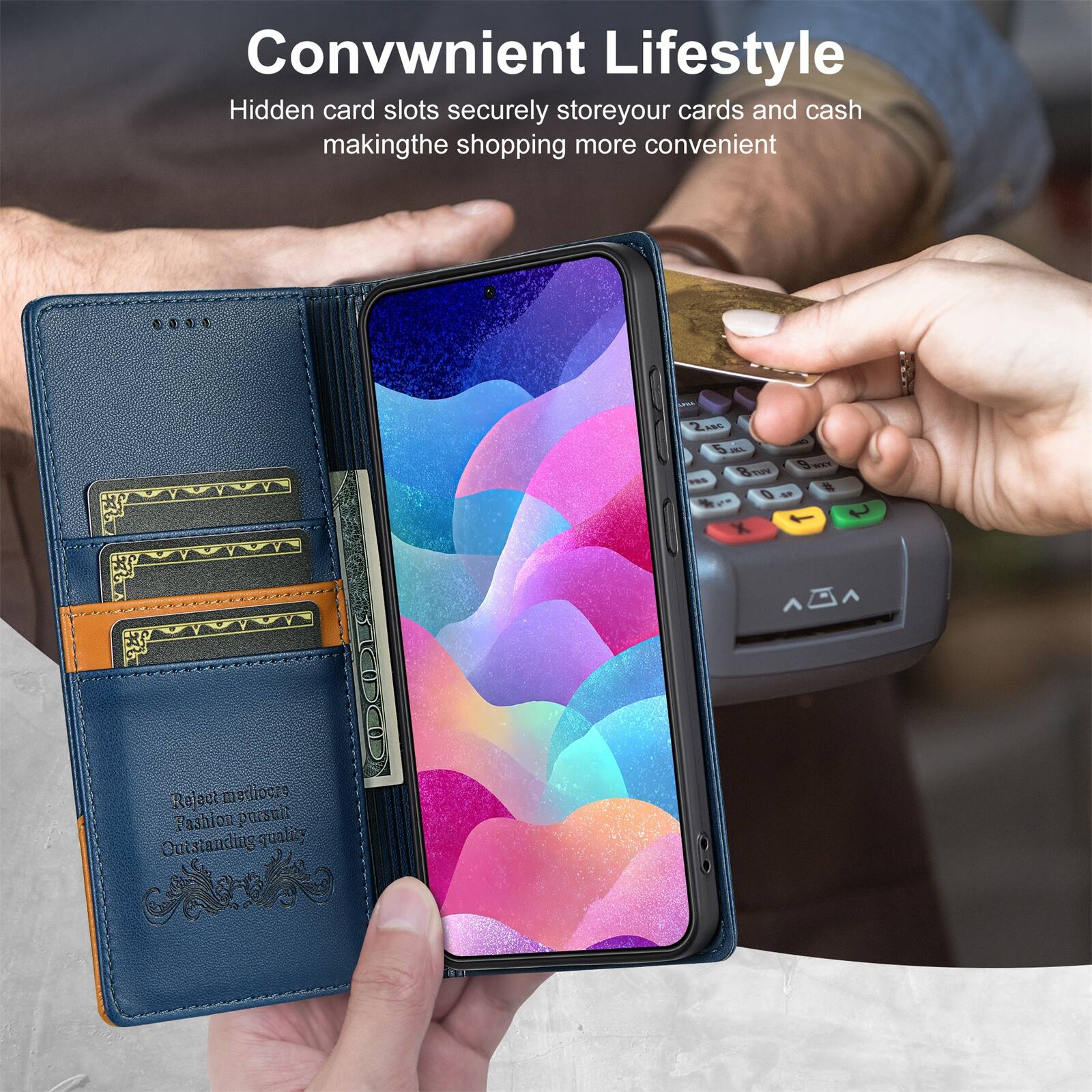 Convenient Lifestyle  
Hidden card slots securely store your cards and cash making the shopping more convenient  

Reject mediocre  
Fashion consult  
Outstanding quality