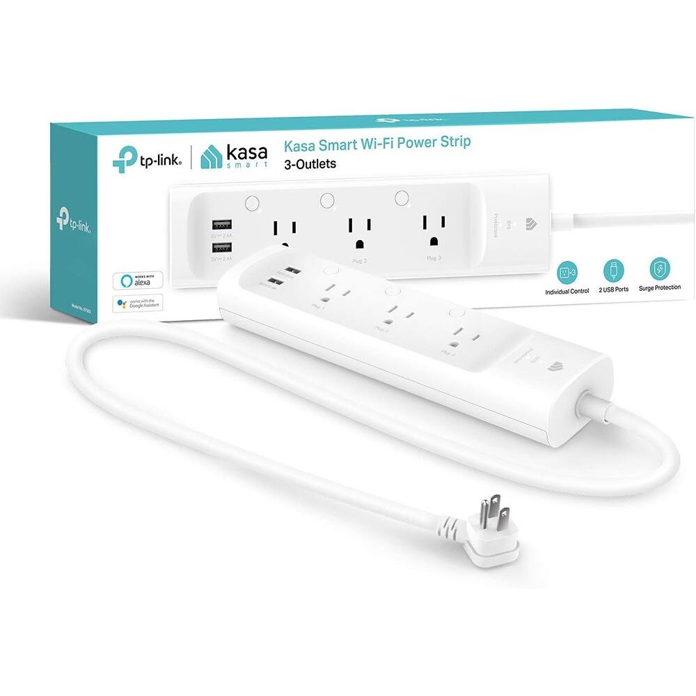 tp-link Kasa Smart Wi-Fi Power Strip  
Kasa Smart 3-Outlets  
Individual Control  
2 USB Ports  
Surge Protection  
Works with Alexa and Google Assistant