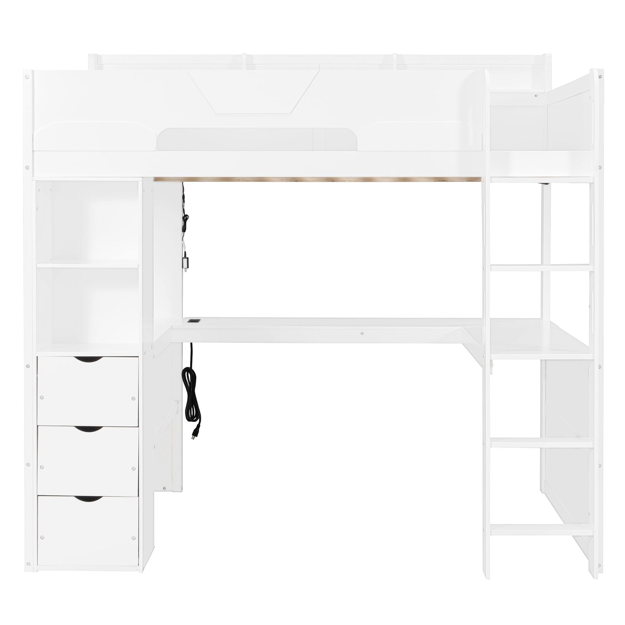 Left. Whisen - Full Size Gaming Loft Bed with U-Shaped Desk,RGB LED Lights,USB Ports,Storage Drawers and Shelves - White.