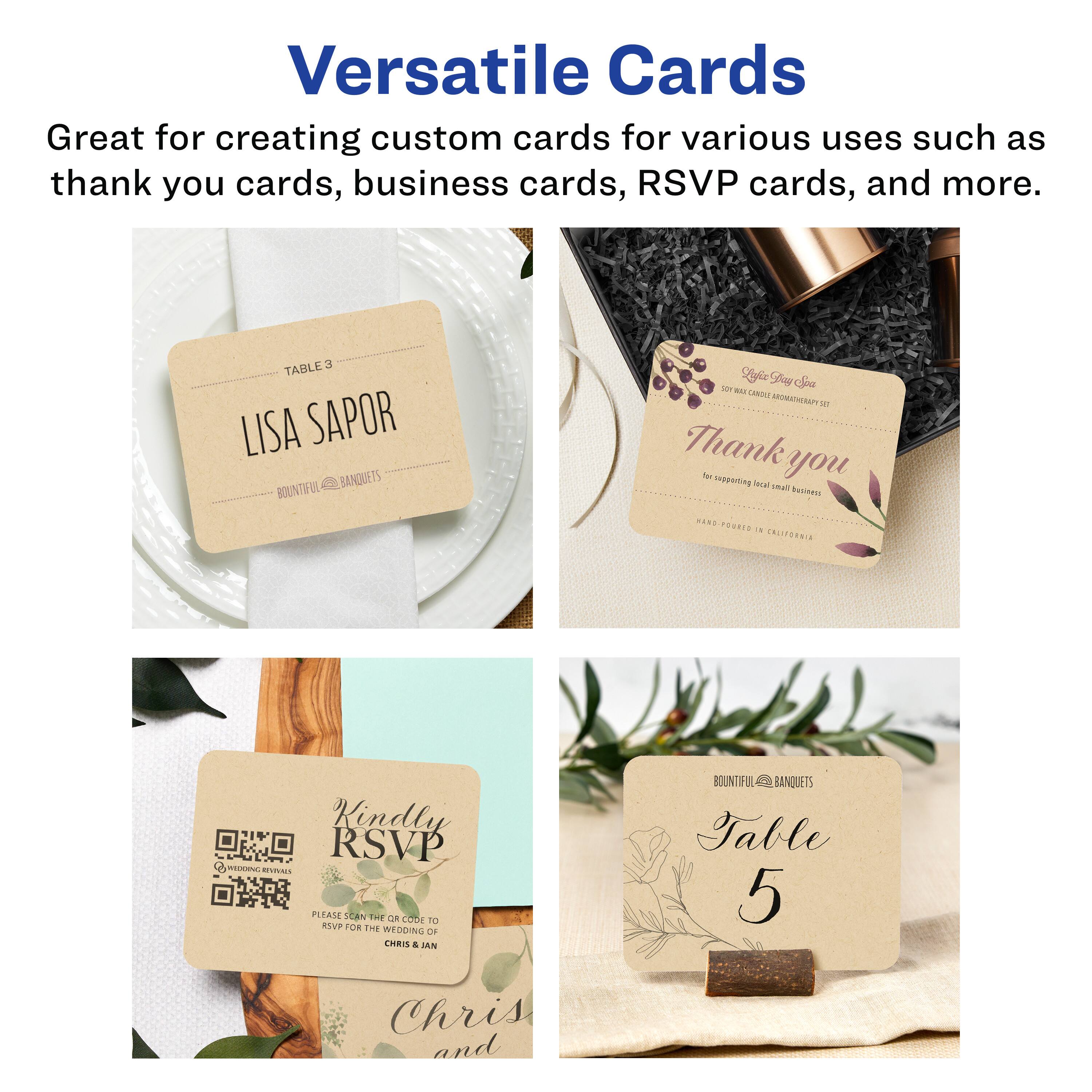 Versatile Cards

Great for creating custom cards for various uses such as thank you cards, business cards, RSVP cards, and more.

TABLE 3  
LISA SAPOR  
BOUNTIFUL BANQUETS

Thank you  
for supporting small local businesses.  
HAND POURED IN CALIFORNIA

Kindly RSVP  
PLEASE SCAN THE QR CODE TO RSVP FOR THE WEDDING OF CHRIS & JAN

Table 5  
BOUNTIFUL BANQUETS

Chris and