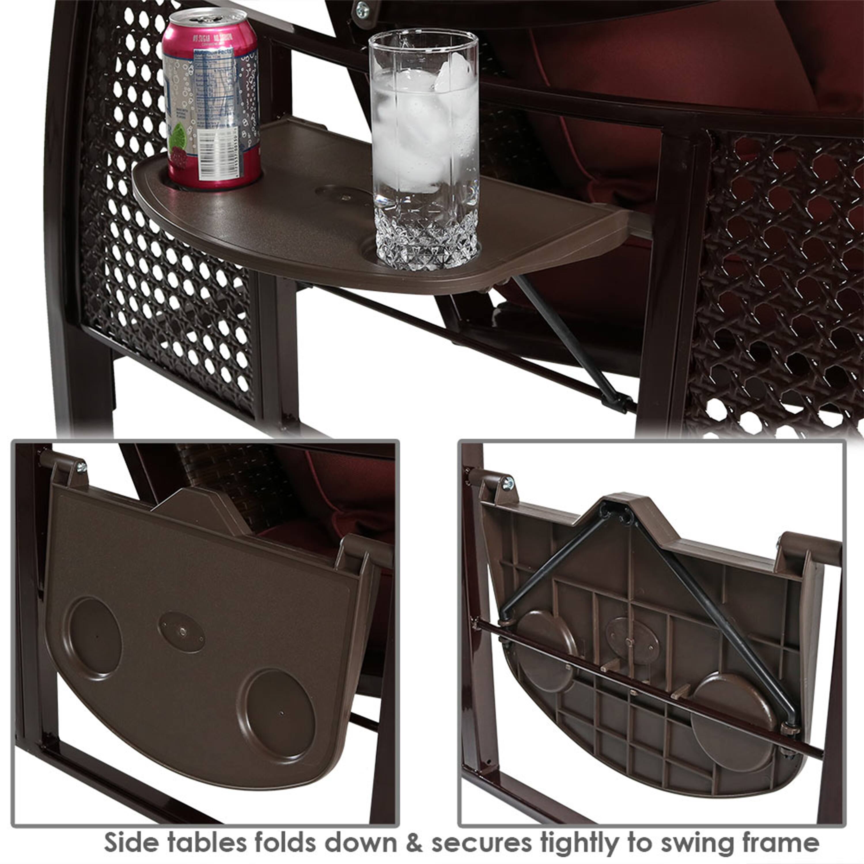 Side tables fold down & secures tightly to swing frame