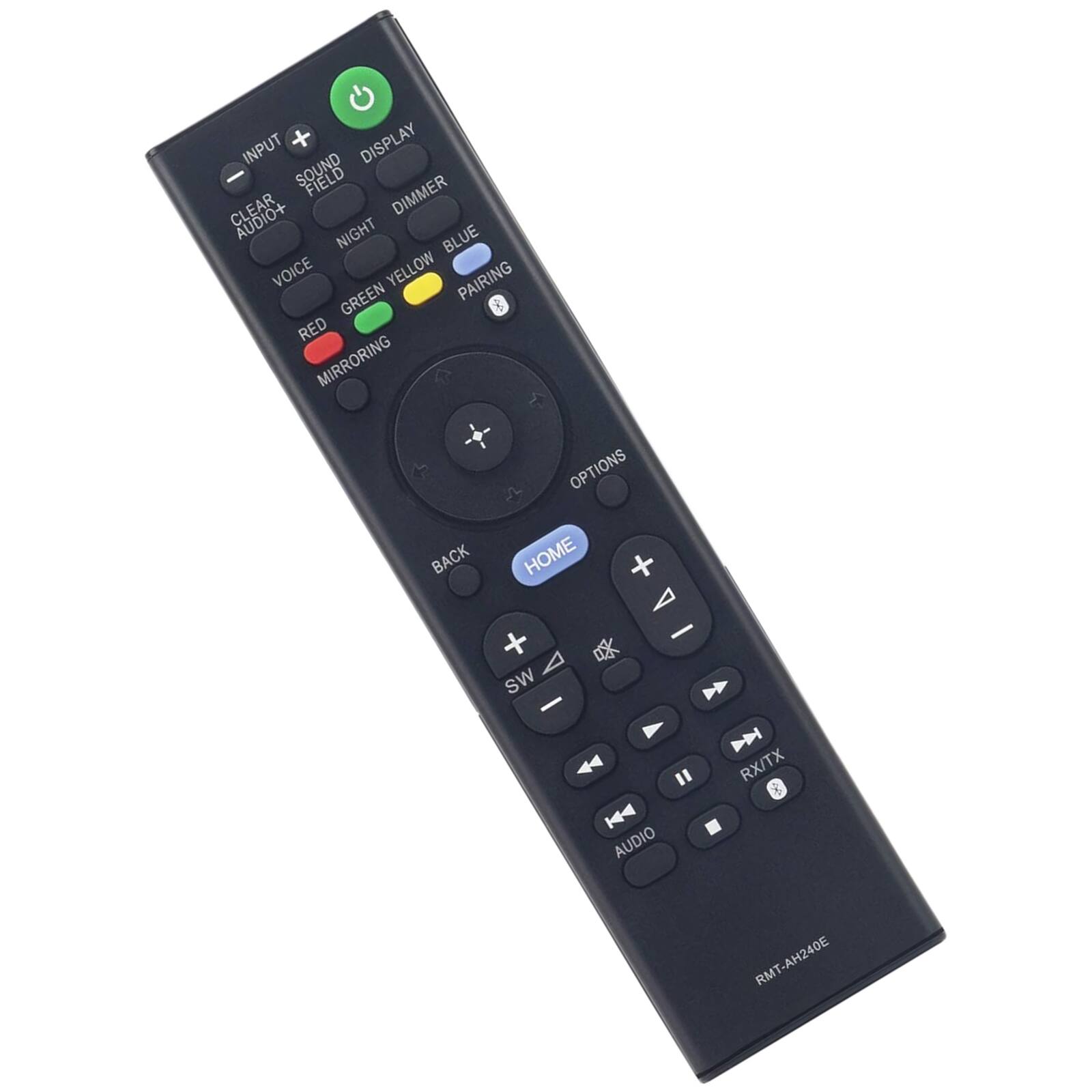 INPUT  
DISPLAY  
SOUND FIELD  
CLEAR AUDIO  
NIGHT  
DIMMER  
VOICE  
RED  
MIRRORING  
GREEN  
YELLOW  
BLUE  
PAIRING  
OPTIONS  
HOME  
BACK  
SW  
AUDIO  
RX/TX  
RMT-AH240E