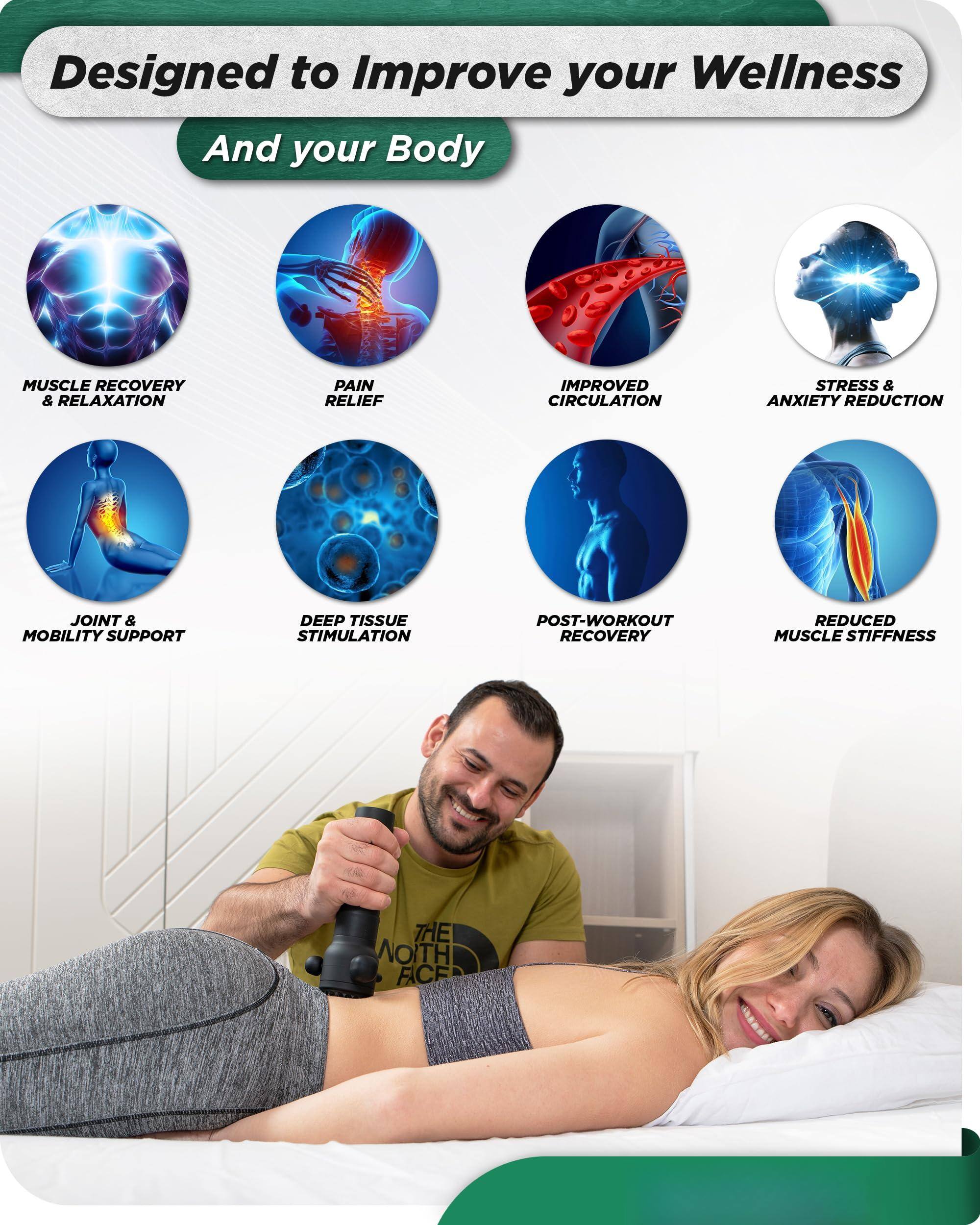 Designed to Improve your Wellness  
And your Body  

- MUSCLE RECOVERY & RELAXATION  
- PAIN RELIEF  
- IMPROVED CIRCULATION  
- STRESS & ANXIETY REDUCTION  
- JOINT & MOBILITY SUPPORT  
- DEEP TISSUE STIMULATION  
- POST-WORKOUT RECOVERY  
- REDUCED MUSCLE STIFFNESS