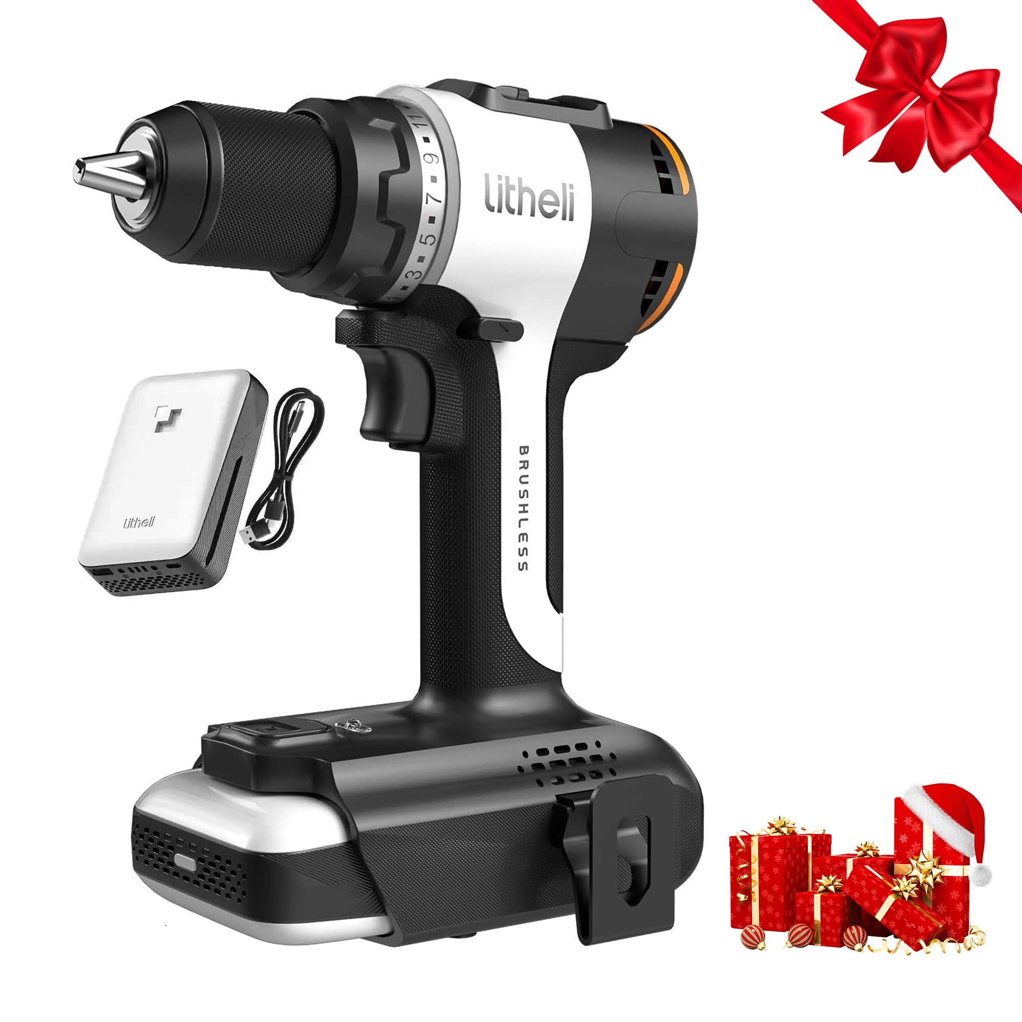Litheli - 20V Cordless Drill Driver, Brushless Power Drill with 2 Variable Speed, 1/2 Inch Keyless Chuck, Electric Drill - BLACK AND WHITE