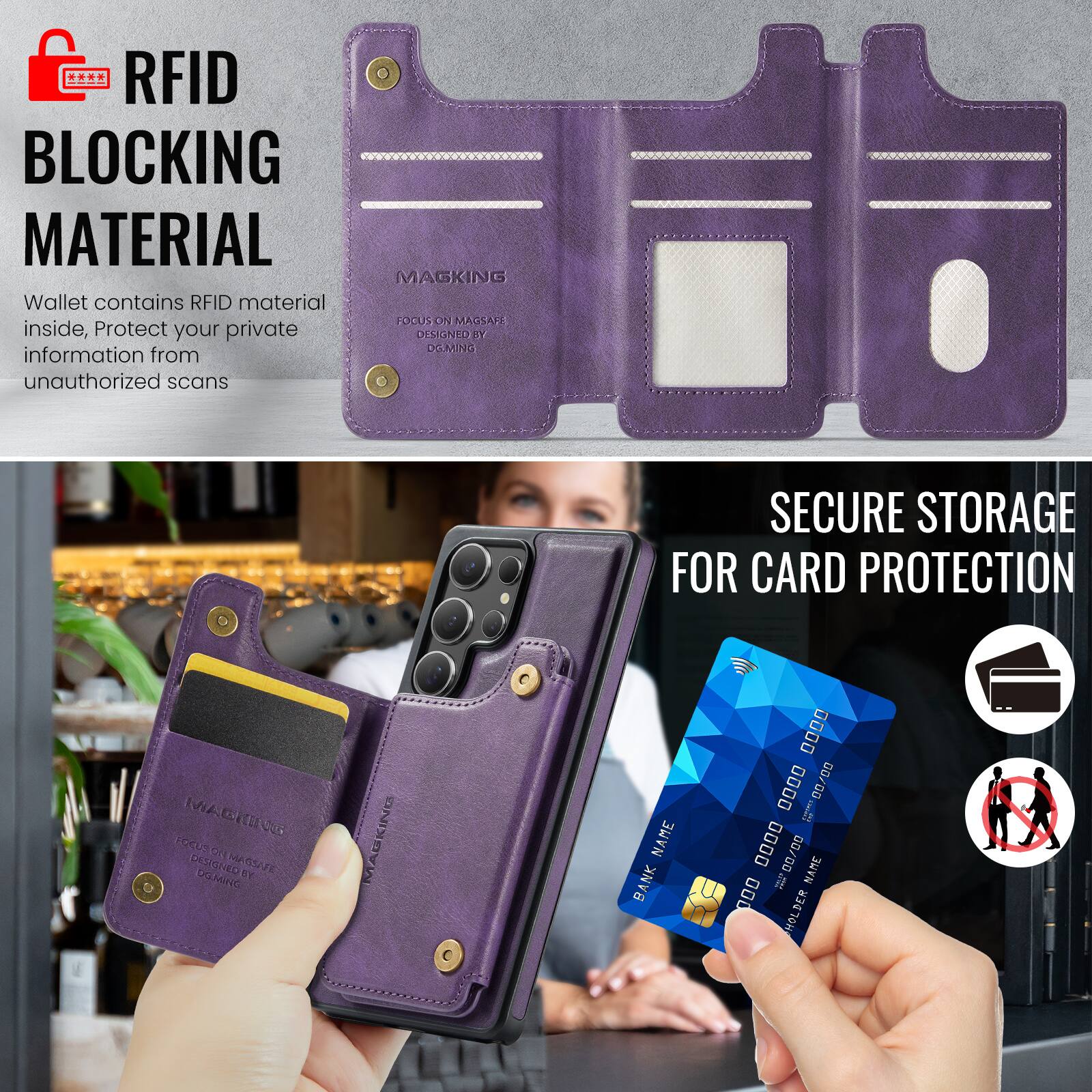 RFID BLOCKING MATERIAL

Wallet contains RFID material inside, Protect your private information from unauthorized scans

SECURE STORAGE FOR CARD PROTECTION

BANK NAME
0000 0000 0000 0000
00/00
NAME
HOLDER